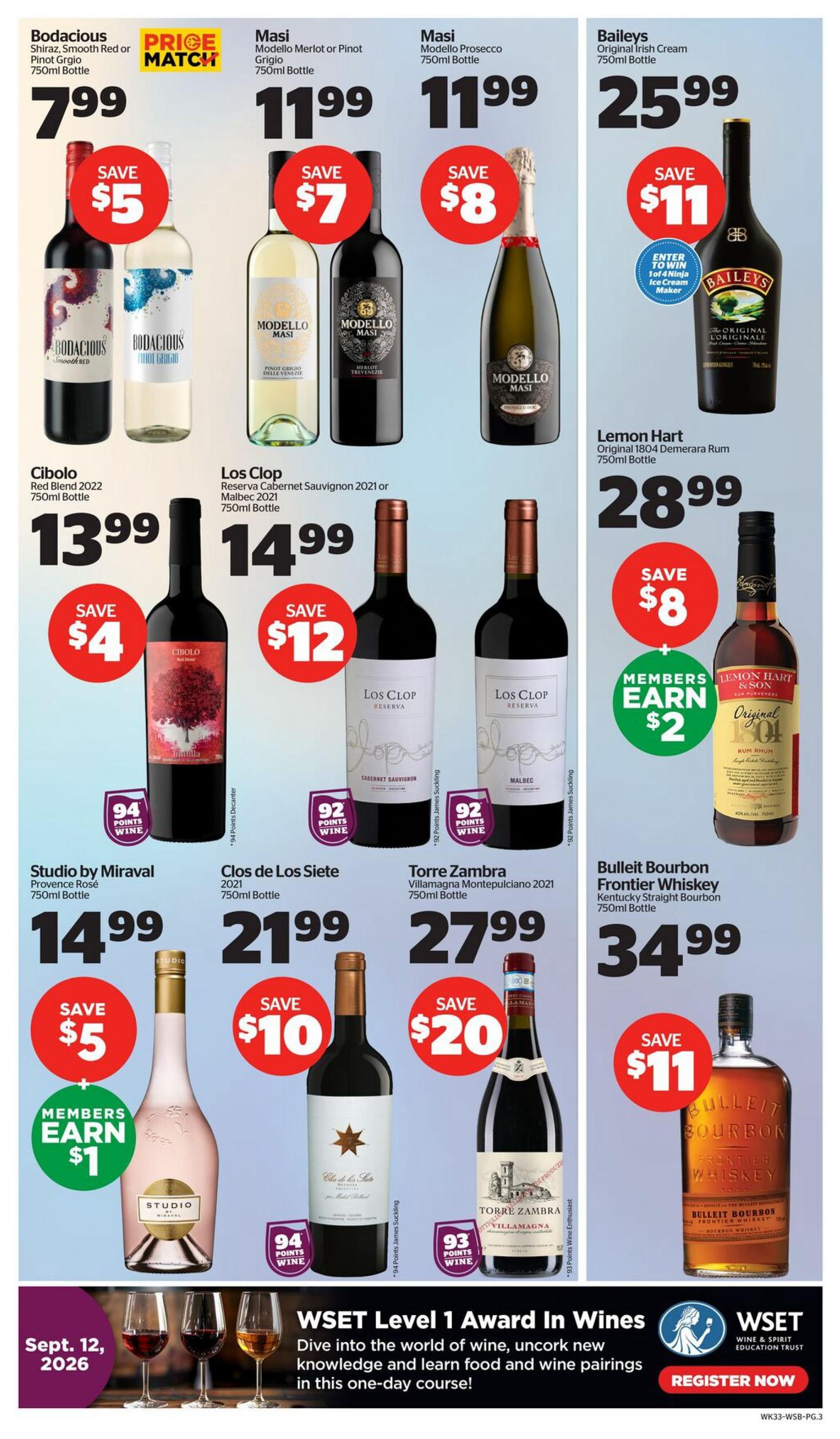 Calgary Co-op Wine Spirits Beer flyer, page 3. Featured products include Bodacious Shiraz, Smooth Red or Pinot Grigio 750ml bottle for $7.99, save $5. Masi Modello Merlot or Pinot Grigio 750ml bottle for $11.99, save $7. Masi Modello Prosecco 750ml bottle for $11.99, save $8. Baileys Original Irish Cream 750ml bottle for $25.99, save $11, with a chance to enter to win 1 of 4 Ninja Ice Cream Makers. Cibolo Red Blend 2022 750ml bottle for $13.99, save $4. Los Clop Reserva Cabernet Sauvignon 2021 or Malbec 2021 750ml bottle for $14.99, save $12. Studio by Miraval Provence Rosé 750ml bottle for $14.99, save $5, members earn $1. Clos de Los Siete 2021 750ml bottle for $21.99, save $10. Torre Zambra Villamagna Montepulciano 2021 750ml bottle for $27.99, save $20. Bulleit Bourbon Frontier Whiskey Kentucky Straight Bourbon 750ml bottle for $34.99, save $11. Also featured is Lemon Hart Original 1804 Demerara Rum 750ml bottle for $28.99, members earn $2. At the bottom, an advertisement for a WSET Level 1 Award in Wines course, with registration available. The course date is Sept. 12, 2026.