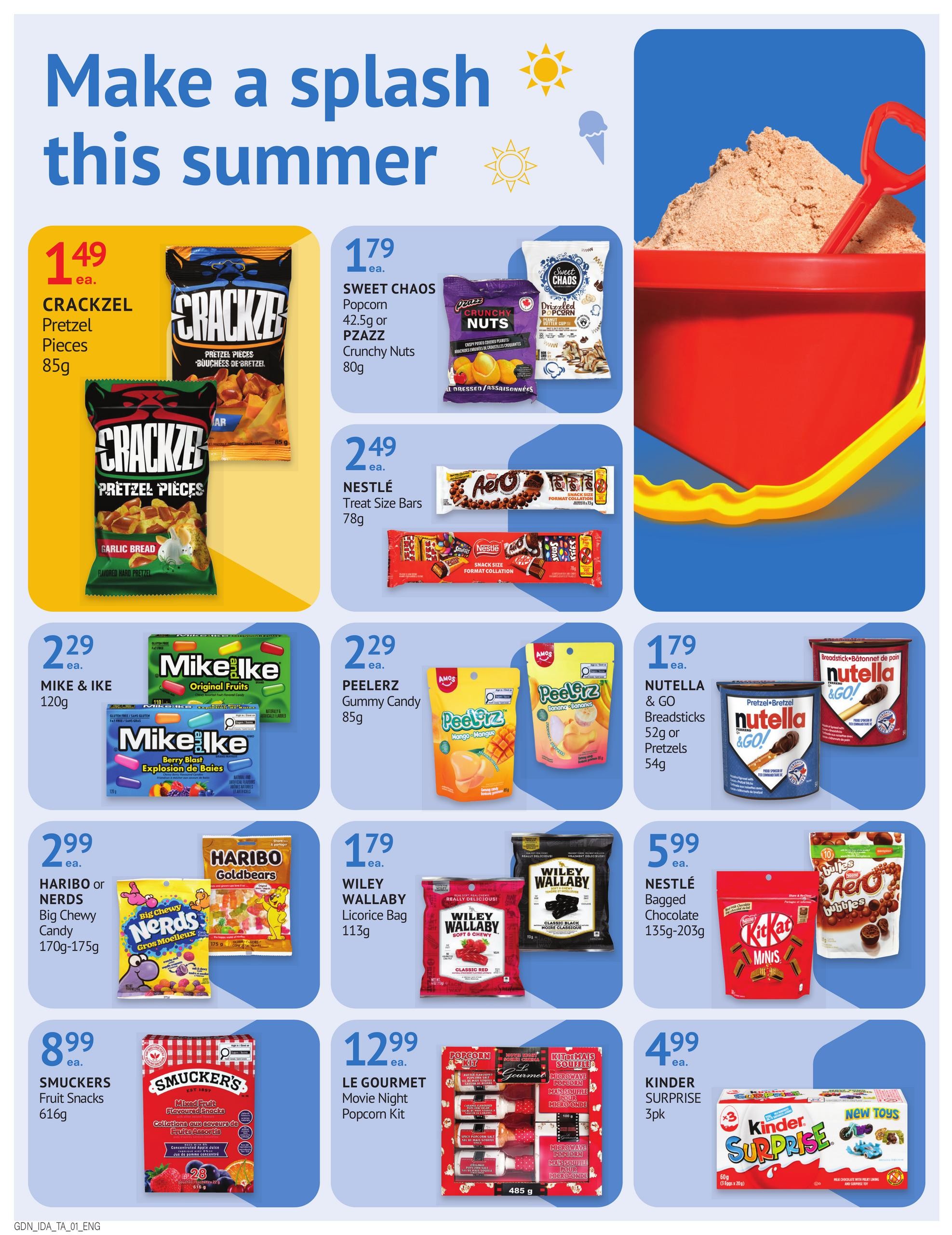 I.D.A. Pharmacy weekly flyer specials page 3 features a summer theme. Featured snacks include Crackzel Pretzel Pieces for $1.49, Sweet Chaos Popcorn (42.5g) or Crunchy Nuts (80g) for $1.79, and Nestlé Treat Size Bars (78g) for $2.49. Also available are Mike & Ike 120g for $2.29, PEELERZ Gummy Candy (85g) for $2.29, and Nutella & GO Breadsticks (52g) or Pretzels (54g) for $1.79. Other deals include Haribo or Nerds Big Chewy Candy (170g-175g) for $2.99, Wiley Wallaby Licorice Bag (113g) for $1.79, and Nestlé Bagged Chocolate (135g-203g) for $5.99. Additionally, Smuckers Fruit Snacks (616g) are $8.99, Le Gourmet Movie Night Popcorn Kit is $12.99, and Kinder Surprise (3pk) is $4.99.