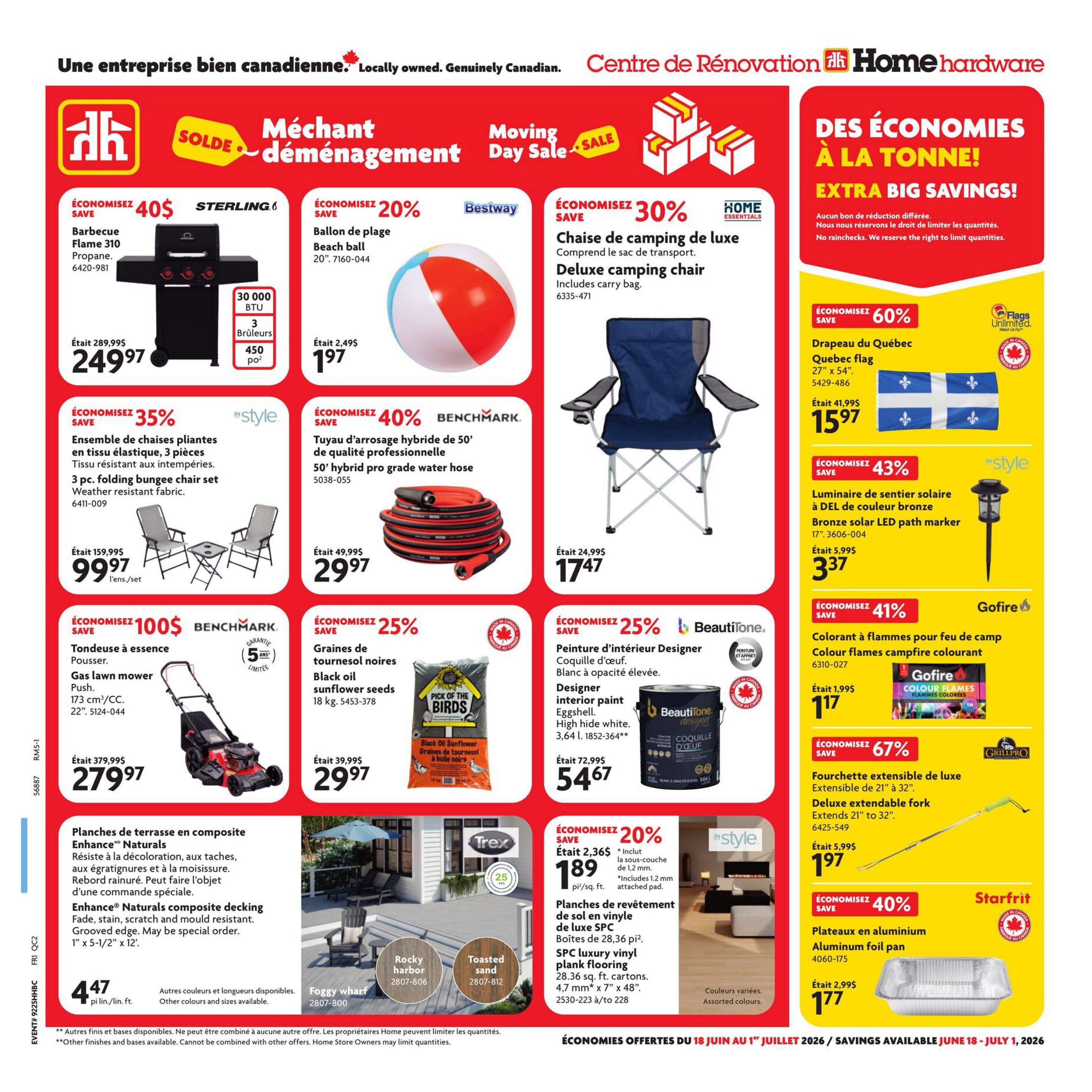 Home Hardware flyer page 1 featuring a 'Moving Day Sale' with significant savings. Featured products include a Sterling Barbecue for $249.97 (save $40), a Bestway Beach ball for $1.97, and a Home Essentials Deluxe Camping Chair for $17.47 (save 30%). Also on sale are an 'inStyle' 3-piece folding bungee chair set for $99.97 (save 35%), a Benchmark 50' hybrid pro-grade water hose for $29.97 (save 40%), and a push gas lawn mower for $279.97 (save $100). Other deals include Black Oil Sunflower Seeds for $29.97 (save 25%), Beautitone Designer interior paint (eggshell, high hide white) for $54.67 (save 25%), a Quebec flag for $15.97 (save 60%), an 'inStyle' bronze solar LED path marker for $3.37 (save 43%), and Gofire Colour Flames campfire colourant for $1.17 (save 41%). Additionally, there are Enhance Naturals composite decking planks for $4.47 per linear foot, SPC luxury vinyl plank flooring for $1.89 per square foot (includes underpad, save 20%), and a Grillpro Deluxe extendable fork for $1.97 (save 67%). Finally, Starfrit aluminum foil pans are on sale for $1.77 (save 40%). Savings are valid from June 18 to July 1, 2026.