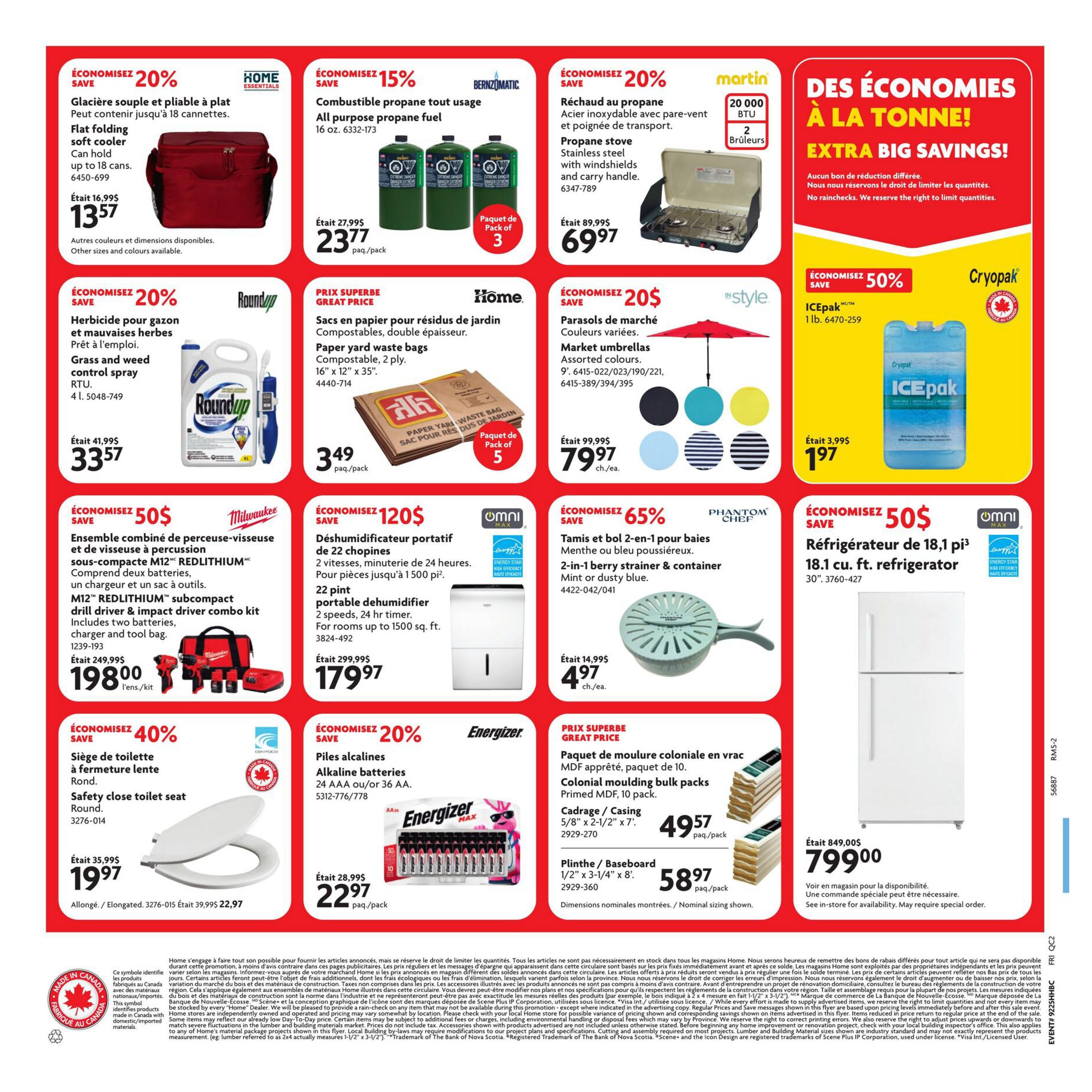Home Hardware flyer page 2 features a 20% discount on a flat folding soft cooler, originally $16.99, now $13.57. Also on sale is a 15% off all-purpose propane fuel, 16 oz., pack of 3 for $23.77. Save 20% on Grass and weed control spray RTU, originally $41.99, now $33.57. Paper yard waste bags, compostable, double ply, 16' x 12' x 35', 5 ply, are on special for $3.49 per pack. A propane stove with windshields and carry handle is 20% off, down from $89.99 to $69.97. Market umbrellas in assorted colours are 20% off, priced at $7.97 each. Save 50% on ICEpak, 1 lb., now $1.97. The Milwaukee M12 REDLITHIUM subcompact drill driver & impact driver combo kit, including two batteries, charger and tool bag, is on sale for $198.00, a $50 saving. A 22 pint portable dehumidifier with 2 speeds is 20% off, down from $299.99 to $179.97. A 2-in-1 berry strainer & container in mint or dusty blue is 65% off, priced at $4.97 each. Save 40% on a safety close toilet seat, round, now $19.97. Energizer alkaline batteries, 24 AA or 36 AA, are 20% off, priced at $22.97 per pack. Colonial bulk packs of Primed MDF, 10 pack, are a super price. Plinth/Baseboard 1/2' x 3-1/4' x 8' is $49.57 per pack and Plinth/Baseboard 1/2' x 3-1/4' x 8' is $58.97 per pack. A 18.1 cu. ft. refrigerator is 50% off. Special pricing is available on a 18.1 cu. ft. refrigerator for $799.00.