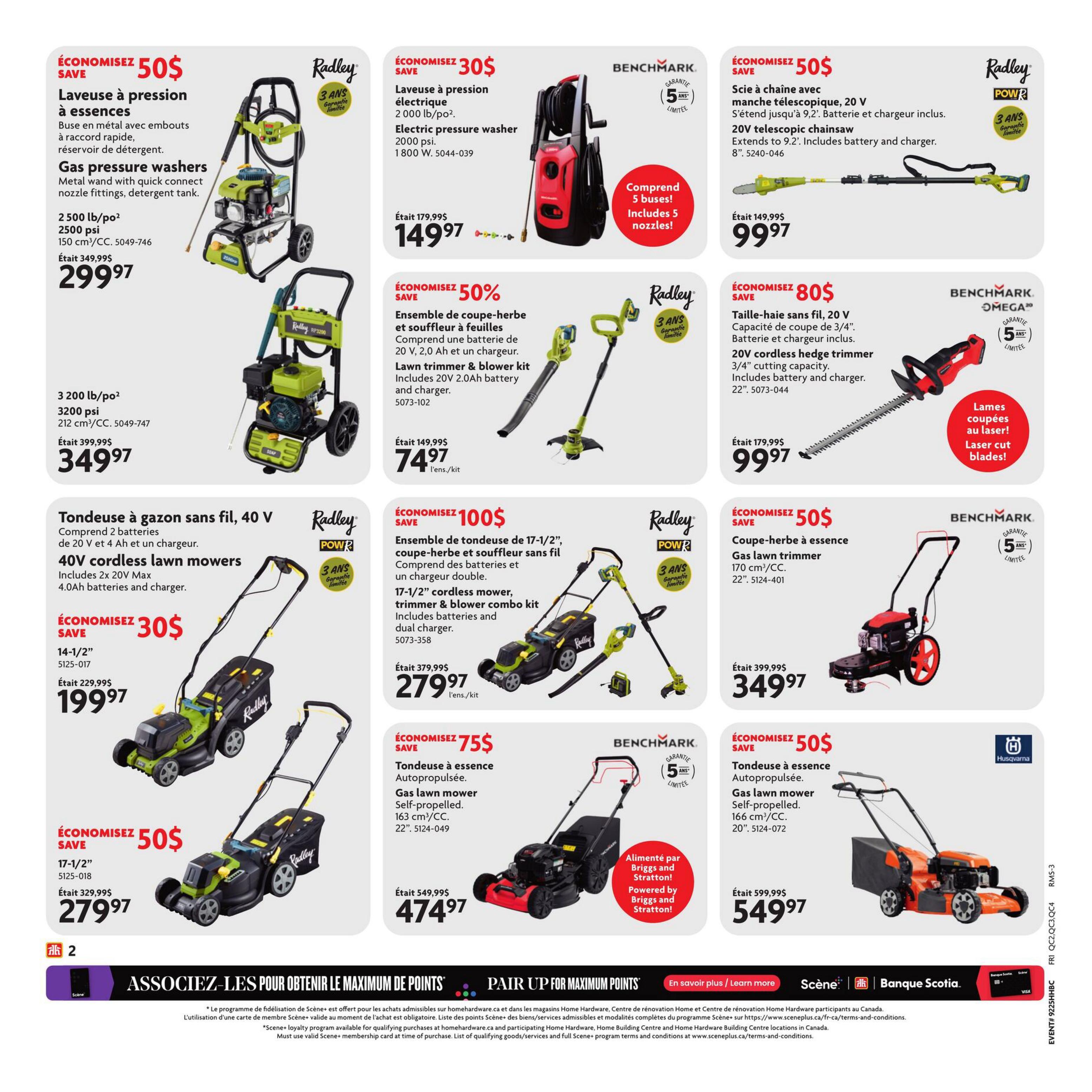Home Hardware flyer page 3 features a selection of outdoor power equipment. Save $50 on a gas pressure washer with 2500 psi for $299.97. Also, save $30 on an electric pressure washer with 2000 psi for $149.97. A 3200 psi gas pressure washer is on sale for $349.97. For lawn care, a 40V cordless lawn mower with 2 batteries and charger is $199.97, saving $30. A 17-1/2' cordless mower, trimmer & blower combo kit is $279.97, saving $100. A gas lawn mower, self-propelled, 163 cm³/CC, 22' is $474.97, saving $75. Another gas lawn mower, self-propelled, 166 cm³/CC, 20' is $549.97, saving $50. Additionally, a 20V telescopic chainsaw extending to 9.2' is $99.97, saving $50. A 20V cordless hedge trimmer with 3/4' cutting capacity and laser cut blades is $99.97, saving $80. The bottom of the page promotes pairing with Scene+ for maximum points and features logos for Scene+, Scotiabank, and Visa.