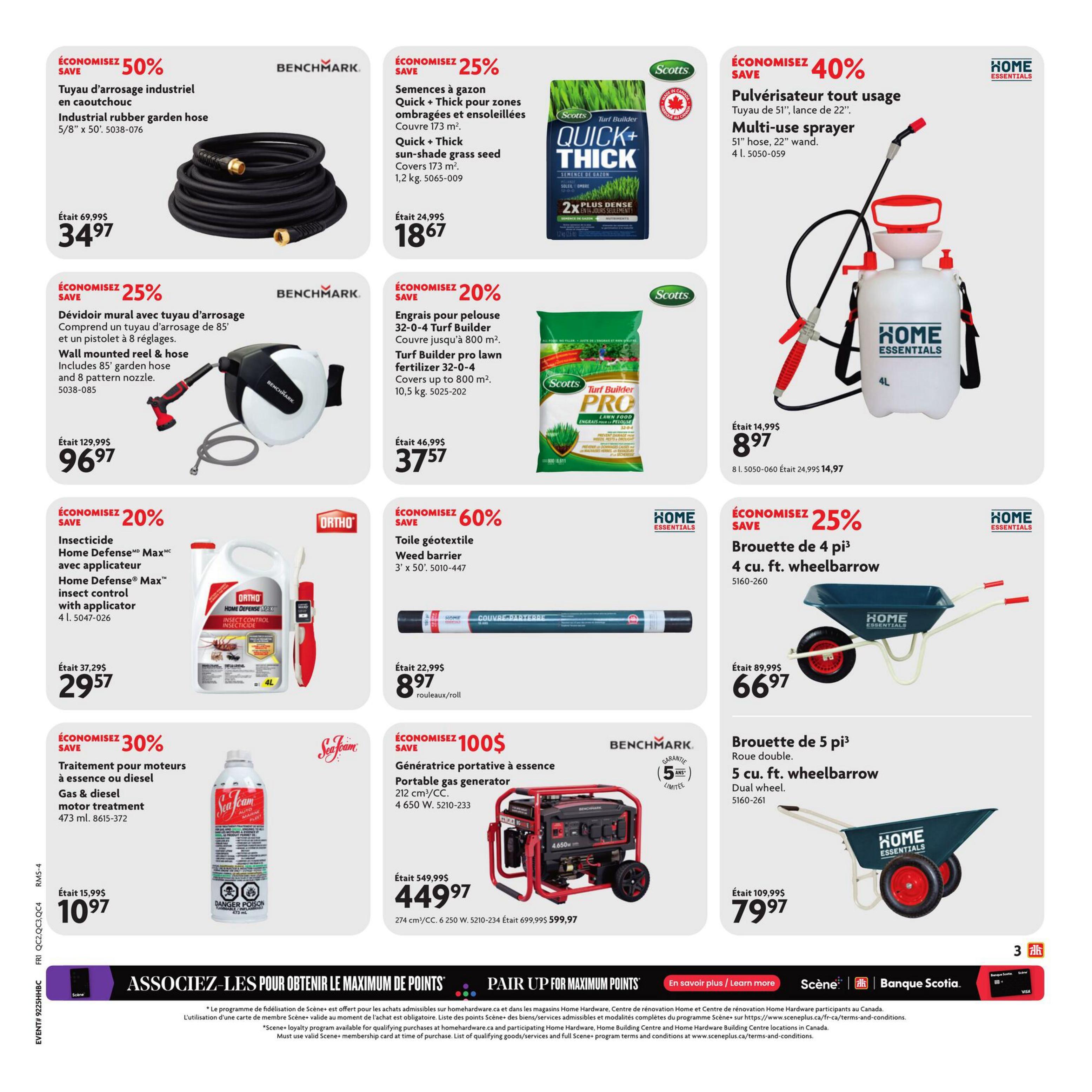 Home Hardware flyer page 4 features a 50% discount on an industrial rubber garden hose, 5/8' x 50', for $34.97. Also available is a wall-mounted reel and hose with an 85' garden hose and 8-pattern nozzle for $96.97, saving 25%. Scotts Quick + Thick sun-shade grass seed, covering 173 m², is on sale for $18.67 (25% off). Turf Builder Pro lawn fertilizer 32-0-4, covering up to 800 m², is 20% off at $37.57. Home Essentials offers a multi-use sprayer with a 51' hose and 22' wand for $8.97, a 40% saving. A Home Defense Max insect control with applicator is 20% off, priced at $29.57. Weed barrier measuring 3' x 50' is 60% off, selling for $8.97 per roll. Sea Foam gas & diesel motor treatment (473 ml) is 30% off at $10.97. A Benchmark portable gas generator (212 cm³/cc, 4650W) is on special for $449.97, saving $100. Home Essentials 4 cu. ft. wheelbarrow is on sale for $66.97 (25% off), and a 5 cu. ft. dual wheel wheelbarrow is $79.97.
