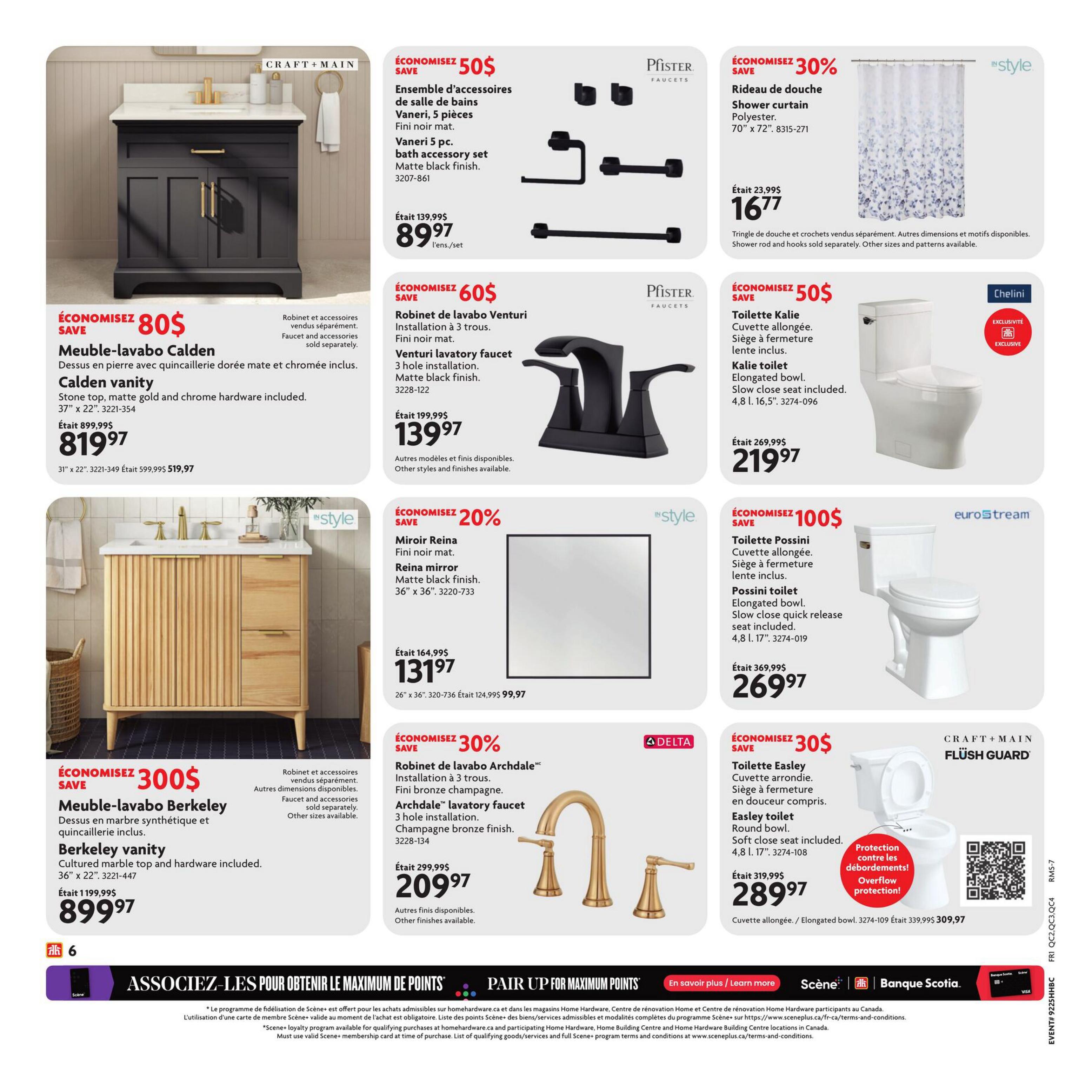 Page 7 of the Home Hardware flyer features bathroom fixtures. Save $80 on the Calden vanity, now $819.97, featuring a stone top and matte gold and chrome hardware. Save $300 on the Berkeley vanity, now $899.97, with a cultured marble top and hardware. Save $50 on the Vaneri 5-piece matte black finish bath accessory set, now $89.97. Save $60 on the Pfister Venturi lavatory faucet in matte black finish, now $139.97. Save 30% on the Delta Archdale lavatory faucet in champagne bronze finish, now $209.97. Save 20% on the Reina mirror in matte black finish, 36' x 36', now $131.97. Save $50 on the Kalie toilet with slow close seat, now $219.97. Save $100 on the Eurostream Possini toilet with quick release slow close seat, now $269.97. Save $30 on the Easley toilet with soft close seat, now $289.97. A shower curtain is also featured for $16.77, down from $23.99.