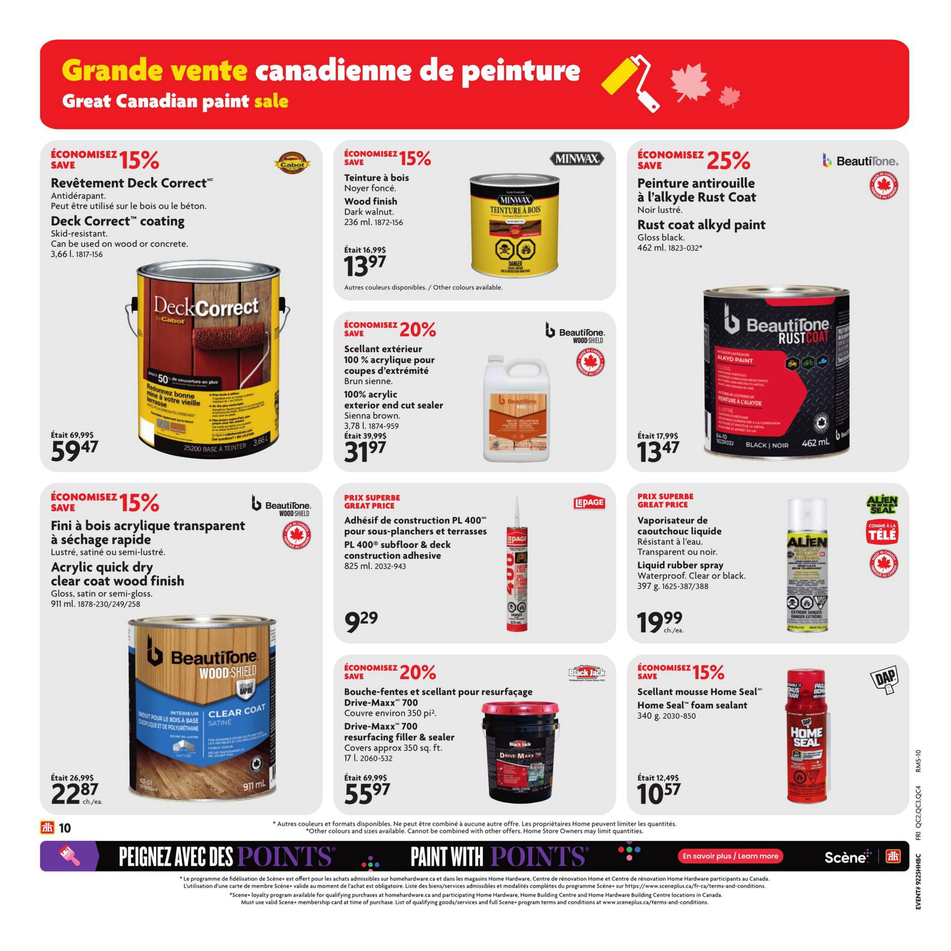 Home Hardware Great Canadian paint sale flyer page 12. Features 15% off Cabot Deck Correct coating for wood or concrete, now $49.97. Also, save 15% on Minwax Wood finish in Dark Walnut, 236 ml, for $13.97. Beautitone Rust Coat alkyd paint in gloss black, 462 ml, is 25% off, priced at $13.47. Beautitone Wood Shield acrylic quick dry clear coat wood finish, 911 ml, is on sale for $22.87. Save 20% on Beautitone 100% acrylic exterior end cut sealer in Sienna brown, 3.78 L, for $31.97. Lepage PL 400 subfloor & deck construction adhesive, 825 ml, is $9.29. Alien Seal liquid rubber spray in clear or black, 397 g, is $19.99. Drive-Maxx 700 resurfacing filler & sealer, 17 L, covers 350 sq. ft. and is 20% off, now $55.97. Home Seal foam sealant, 340 g, is 15% off, priced at $10.57. The page also promotes the 'Paint with Points' Scene+ loyalty program.
