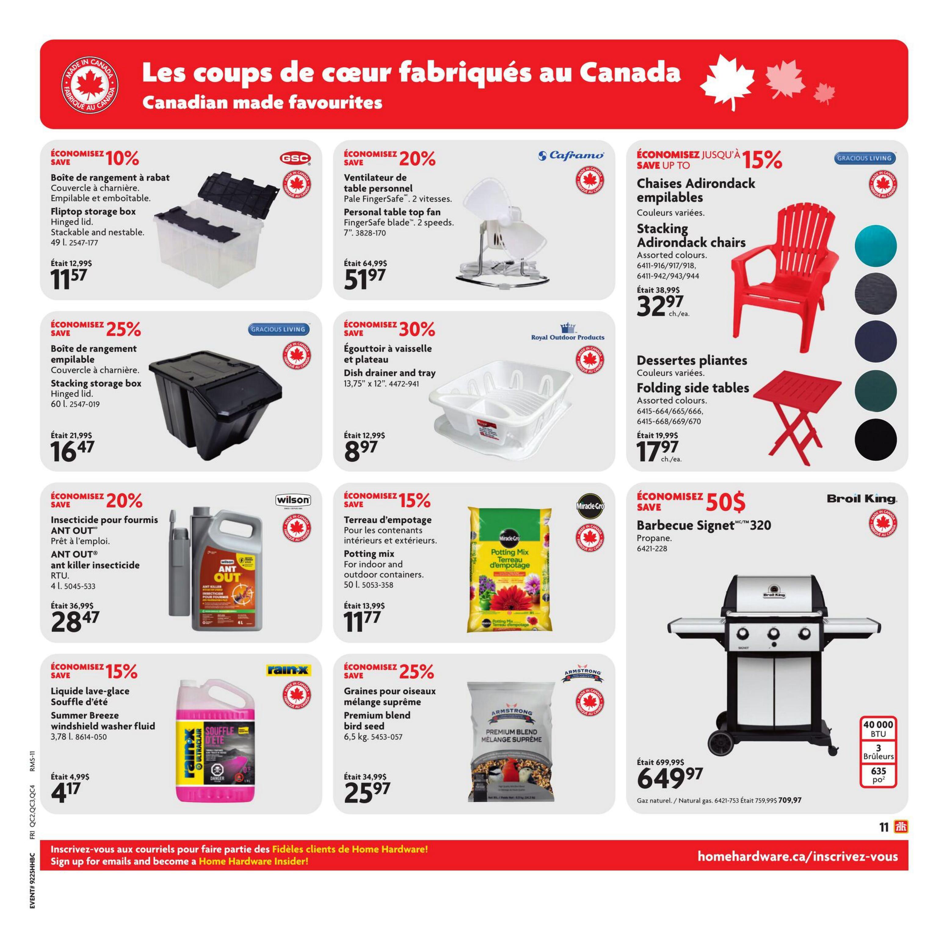 Page 13 of the Home Hardware flyer features Canadian-made favourites. Save 10% on a hinged lid storage box, now $11.57. Save 25% on a 60 L stacking storage box with hinged lid, on sale for $16.47. Save 20% on a personal table fan with 2 speeds, priced at $51.97. Save up to 15% on stacking Adirondack chairs in assorted colours, available for $32.97 each. Save 30% on a dish drainer and tray, 13.75' x 12', for $8.97. Save 20% on ANT OUT® ant killer insecticide RTU, 4 L, now $28.47. Save 15% on Summer Breeze windshield washer fluid, 3.78 L, for $4.17. Save 25% on Armstrong Premium blend bird seed, 6.5 kg, for $25.97. Save 50% on a Broil King Barbecue Signet 320 propane grill, priced at $649.97. The flyer also includes a sign-up prompt for Home Hardware Insider emails.