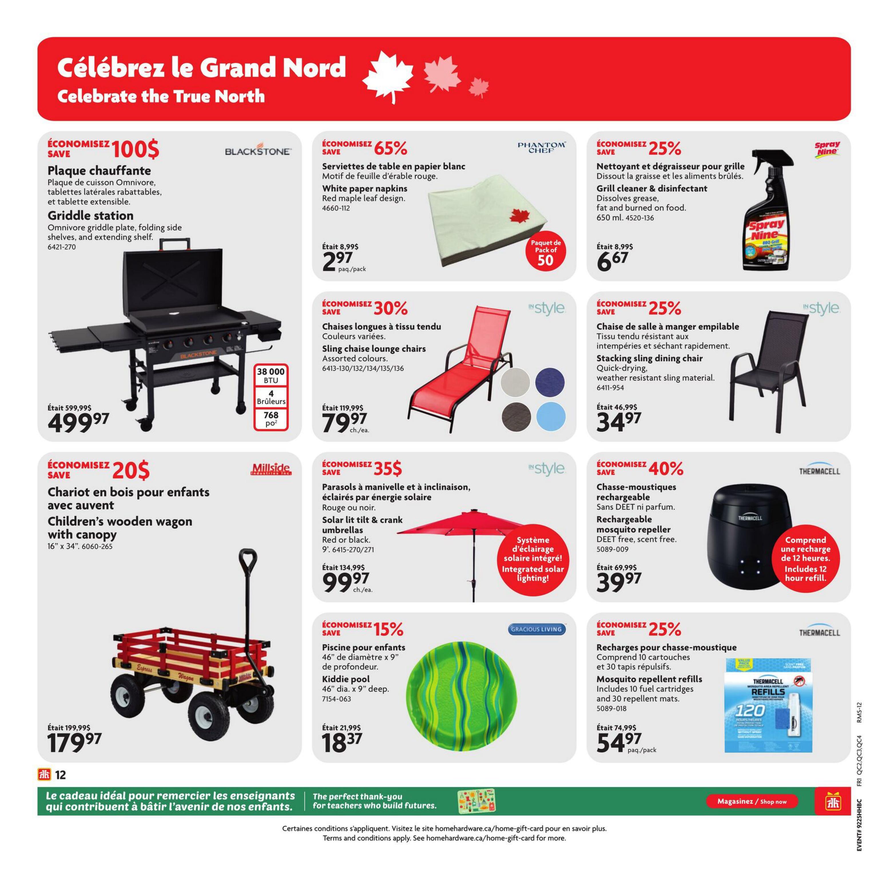 Home Hardware flyer page 14 features a Blackstone Griddle Station on sale for $499.97, saving $100. It offers 38,000 BTU and 4 burners. Also featured are Phantom Chef White paper napkins with a red maple leaf design for $2.97 per pack of 50, a 65% saving. Spray Nine Grill cleaner & disinfectant is 25% off at $6.67. InStyle Sling chaise lounge chairs are 30% off at $79.97 each, available in assorted colours. InStyle Stacking sling dining chairs are 25% off at $34.97. Millside Children's wooden wagon with canopy is $179.97. Solar lit tilt & crank umbrellas in red or black are $99.97, saving $35. Thermacell Rechargeable mosquito repeller, DEET and scent free, is 40% off at $39.97. Gracious Living Kiddie pool, 46' diameter x 9' deep, is 15% off at $18.37. Thermacell Mosquito repellent refills, including 10 fuel cartridges and 30 repellent mats, are 25% off at $54.97 per pack.