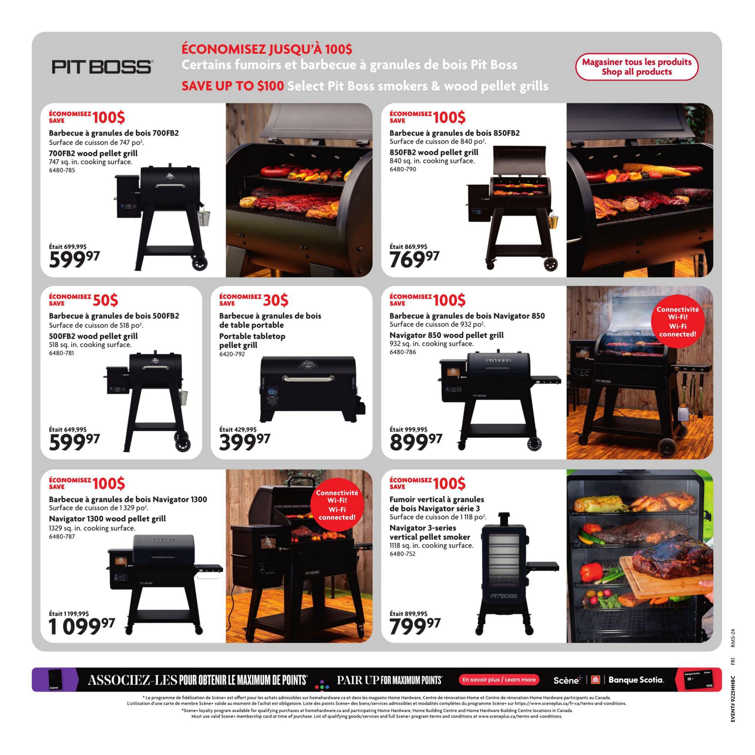 Home Hardware flyer page featuring Pit Boss smokers and wood pellet grills with savings up to $100. The Pit Boss 700FB2 wood pellet grill with 747 sq. in. cooking surface is on sale for $599.97, down from $699.99. The Pit Boss 850FB2 wood pellet grill with 840 sq. in. cooking surface is $769.97, down from $869.99. Also available is the Pit Boss 500FB2 wood pellet grill with 518 sq. in. cooking surface for $599.97, down from $649.99. A portable tabletop pellet grill is on sale for $399.97, down from $429.99. The Navigator 1300 wood pellet grill with 1329 sq. in. cooking surface is $1,099.97, down from $1,199.99. The Navigator 850 wood pellet grill with 932 sq. in. cooking surface is $899.97, down from $999.99. The Navigator 3-series vertical pellet smoker with 1118 sq. in. cooking surface is $799.97, down from $899.99 and features Wi-Fi connectivity. The bottom of the page promotes pairing with Scene+ for maximum points and mentions banking with Scotiabank.