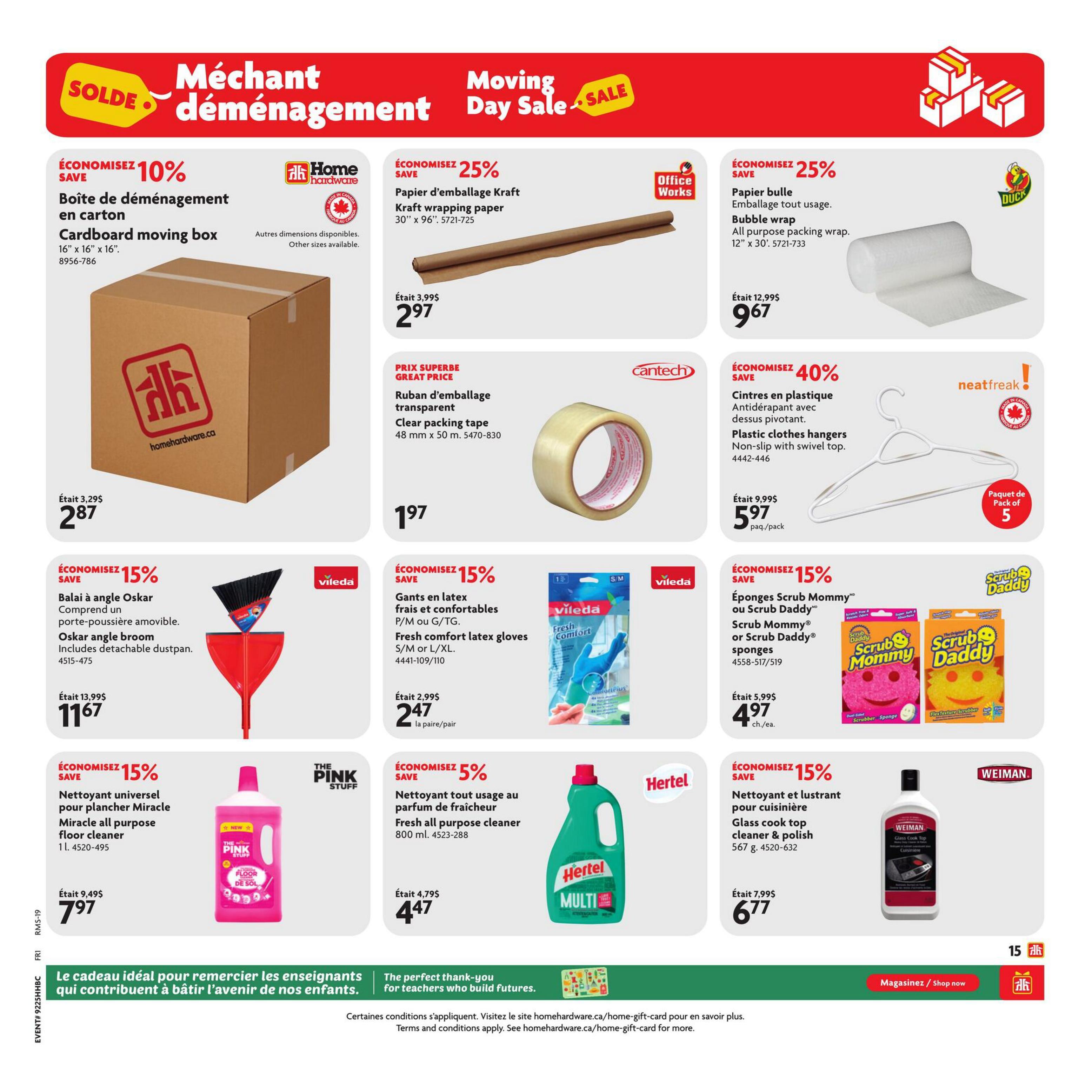 Home Hardware Moving Day Sale flyer, page 16. Save 10% on cardboard moving boxes, 16' x 16', now $2.87. Save 25% on Kraft wrapping paper, 30' x 96', now $2.97. Save 25% on Bubble wrap, 12' x 30', now $9.67. Great price on clear packing tape, 48 mm x 50 m, for $1.97. Save 40% on Neatfreak plastic clothes hangers with non-slip swivel top, pack of 5, now $5.97. Save 15% on Vileda Oskar angle broom with detachable dustpan, now $11.67. Save 15% on Vileda Fresh comfort latex gloves, S/M or G/TG, now $2.47 per pair. Save 15% on Scrub Daddy or Scrub Mommy sponges, now $4.97 each. Save 15% on The Pink Stuff Miracle all-purpose floor cleaner, 1 L, now $7.97. Save 5% on Hertel Fresh all-purpose cleaner, 800 ml, now $4.47. Save 15% on Weiman Glass cook top cleaner & polish, 567 g, now $6.77. The bottom banner features a thank-you message for teachers and a 'Shop now' button.