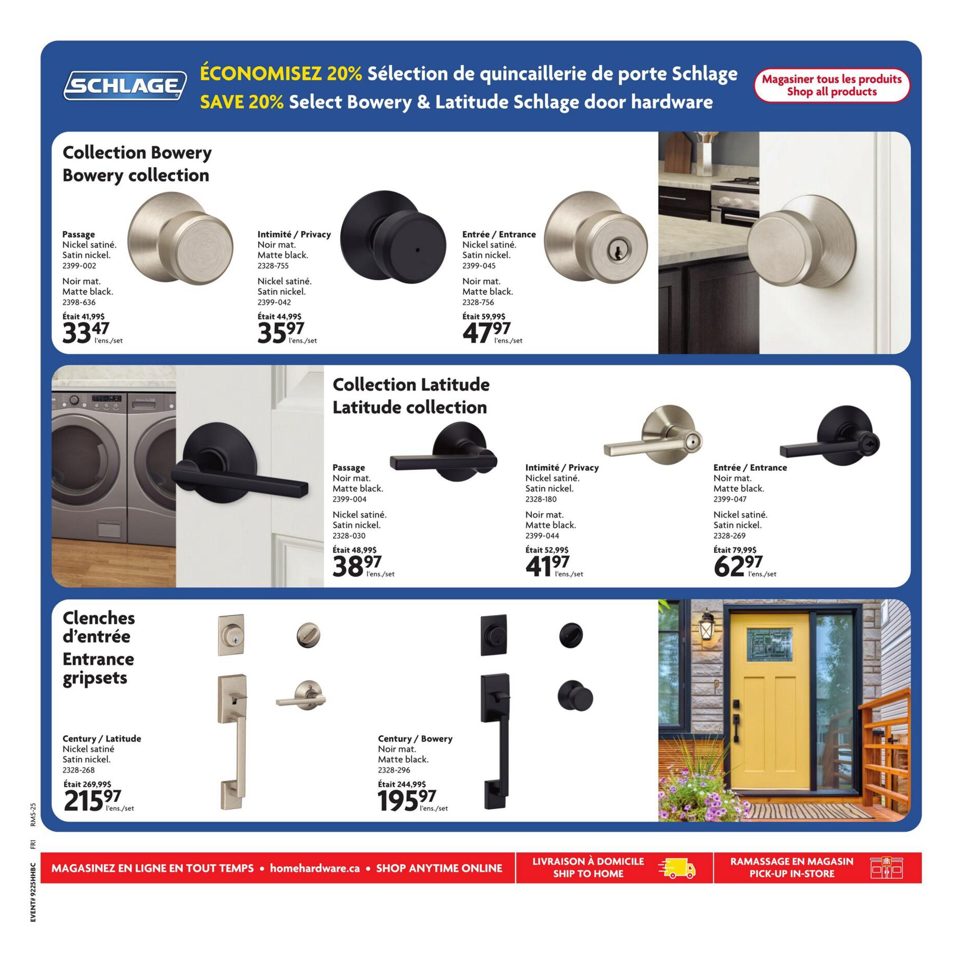 Home Hardware flyer page featuring Schlage door hardware with a 20% discount. The Bowery collection includes Passage knobs in Satin Nickel for $33.47 (originally $41.99) and Matte Black for $35.97 (originally $44.99). Entry knobs in Satin Nickel are $47.97 (originally $59.99). The Latitude collection offers Passage levers in Matte Black for $38.97 (originally $48.99) and Satin Nickel for $41.97 (originally $52.99). Entrance gripset sets are available: Century/Latitude in Satin Nickel for $215.97 (originally $269.99) and Century/Bowery in Matte Black for $195.97 (originally $244.99). Shop all products is also featured.
