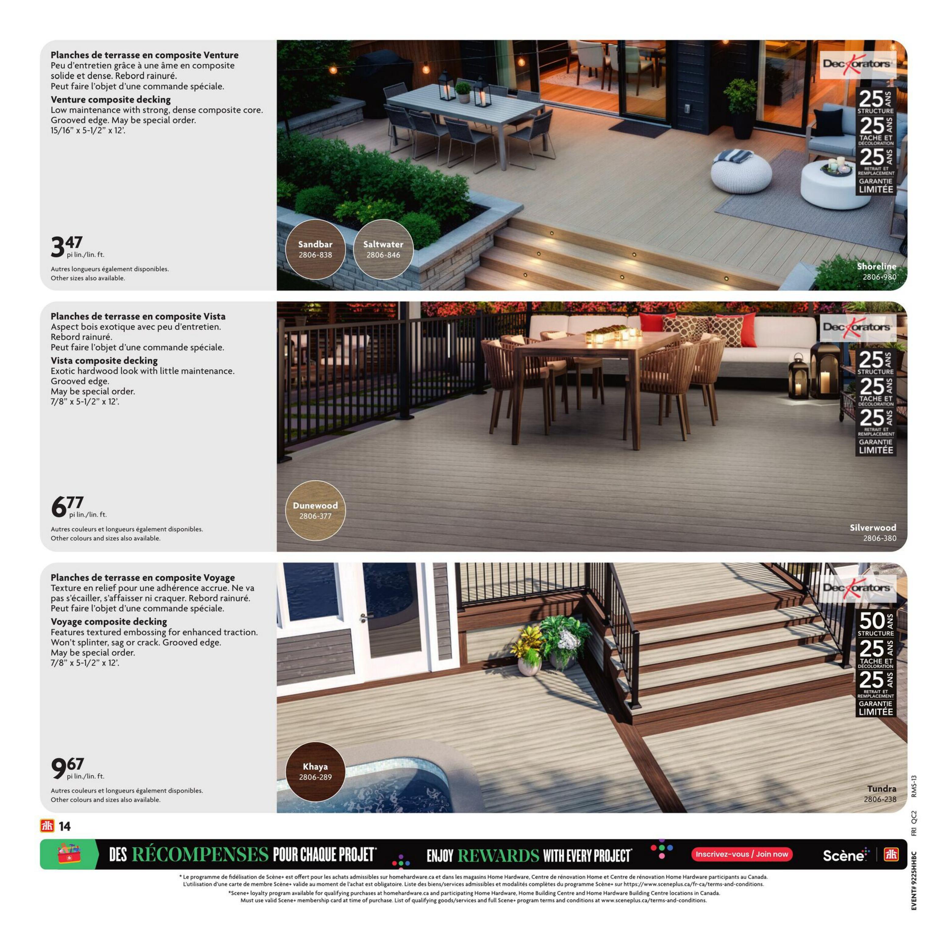 Home Hardware flyer page 19 features Decorators composite decking options. Venture composite decking in Sandbar and Saltwater colours is available for $3.47 per linear foot, with other sizes and colours also available. Vista composite decking, offering an exotic hardwood look with low maintenance, is priced at $6.77 per linear foot in the Dunewood colour, with other options available. Voyage composite decking, featuring textured embossing for enhanced traction, is offered at $9.67 per linear foot in the Khaya colour, with other sizes and colours available. The page also highlights Decorators decking with 25-year limited warranties for structure, stain, and discoloration, and a 50-year structure warranty for Tundra decking. A promotion for 'Enjoy Rewards with Every Project' is also displayed.