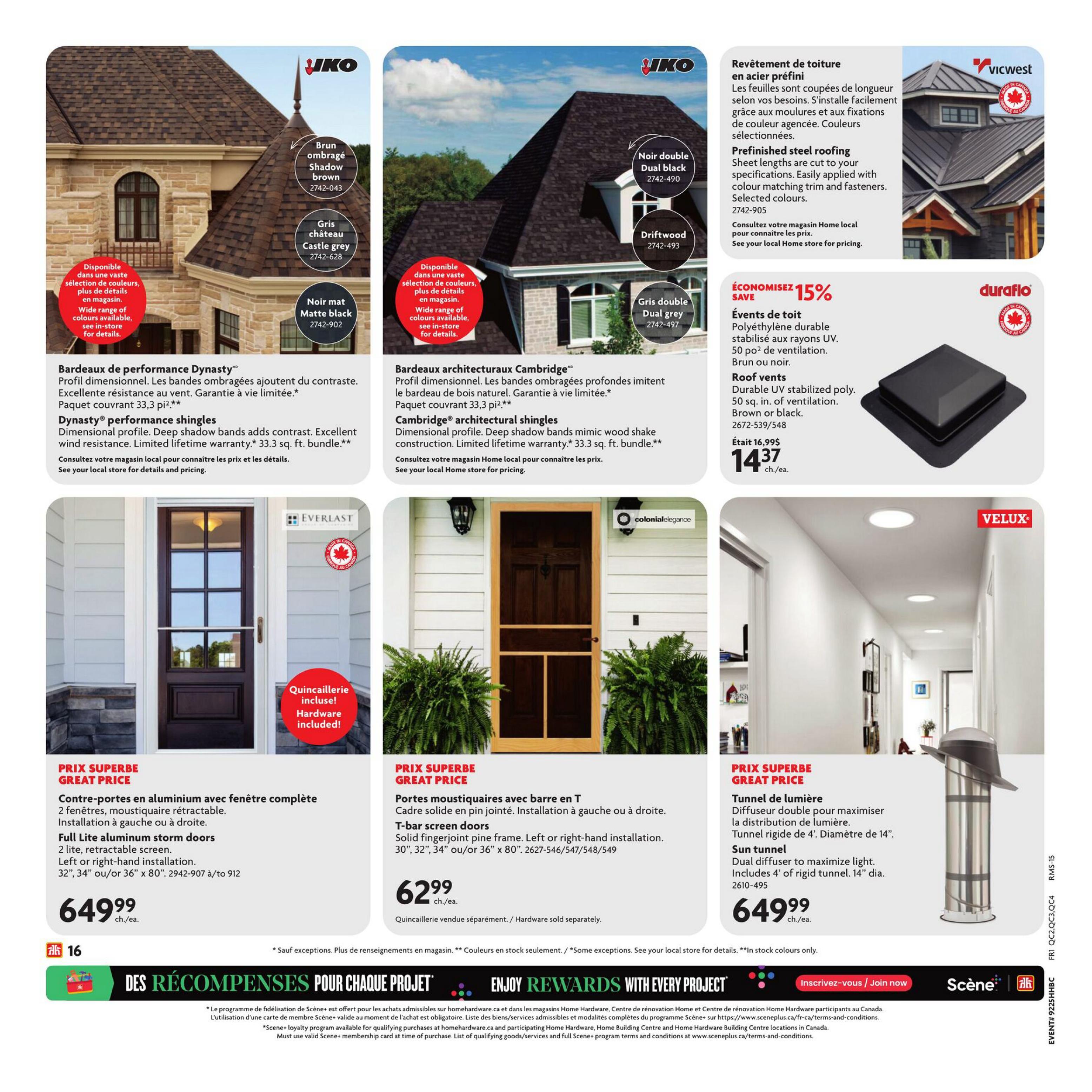 Home Hardware flyer page 21 features roofing and home exterior products. Dynasty performance shingles in Shadow Brown, Castle Grey, and Matte Black are shown with a 'Wide range of colours available, see in-store for details' callout. Cambridge architectural shingles are also featured. Vicwest prefinished steel roofing is available in selected colours. Duraflo roof vents made of durable UV stabilized poly, in brown or black, are on sale for $14.37 each, down from $16.99. Everlast full lite aluminum storm doors with retractable screens are priced at $649.99 each, and include hardware. Colonial Elegance T-bar screen doors are $62.99 each, with hardware sold separately. A Velux sun tunnel with dual diffuser to maximize light, including a 4' rigid tunnel, is available for $649.99 each. The bottom of the page promotes the Scene+ loyalty program for rewards with every project.
