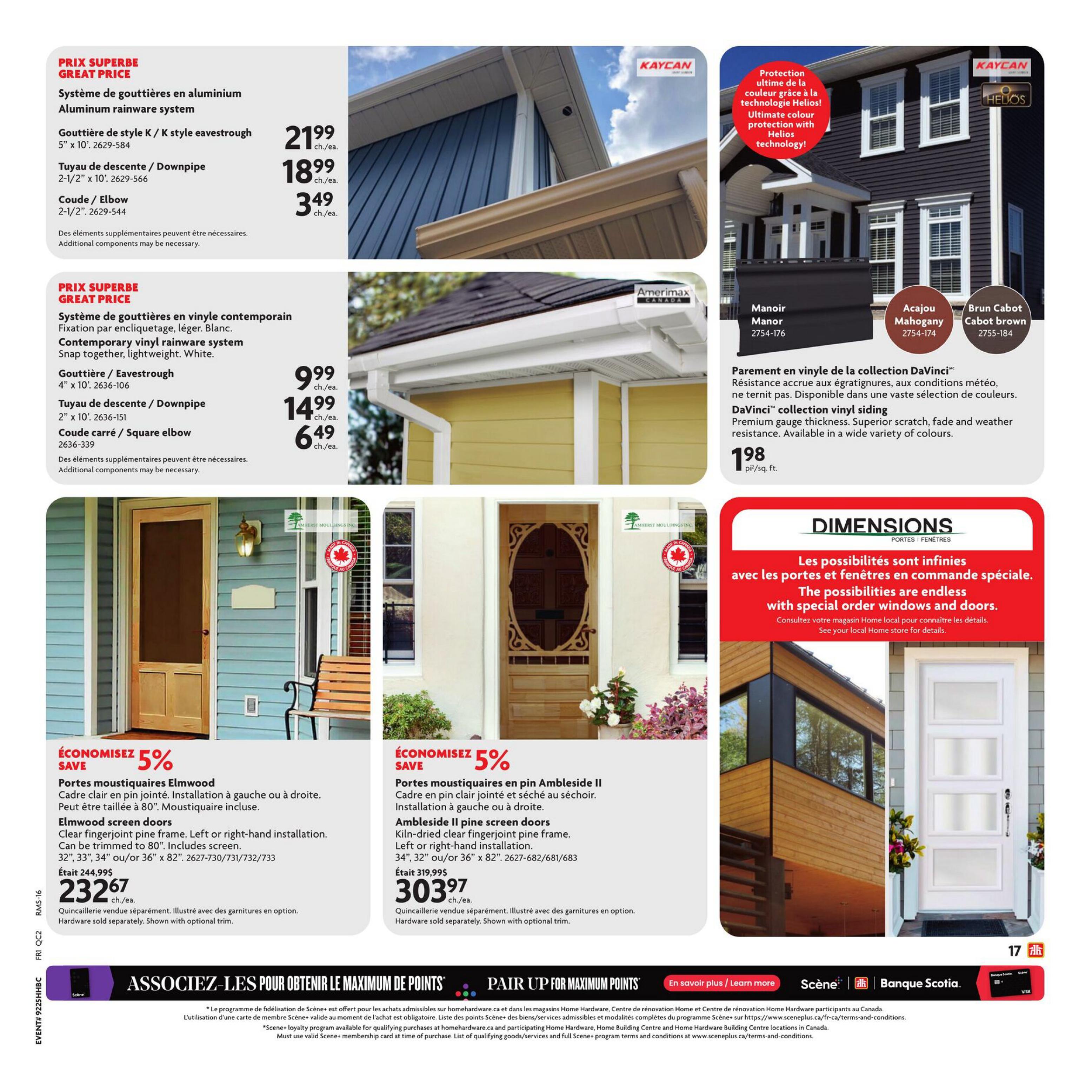 Home Hardware flyer page 22 features aluminum and vinyl rainware systems. The aluminum rainware system includes K style eavestrough for $21.99, downpipe for $18.99, and elbow for $3.49. The contemporary vinyl rainware system, snap together and lightweight white, offers eavestrough for $9.99 and downpipe for $14.99. A square elbow is $6.49. Also featured is DaVinci collection vinyl siding with enhanced scratch, fade, and weather resistance, available in various colours, priced at $1.98 per sq. ft. The page highlights special order windows and doors with the tagline 'The possibilities are endless'. Elmwood screen doors are on sale for $232.67 (originally $244.99), featuring clear fingerjoint pine frames and left or right-hand installation in sizes 32', 33', 34' or 36' x 82'. Ambleside II pine screen doors are 5% off, priced at $303.97 (originally $319.99), also with kiln-dried clear fingerjoint pine frames and left or right-hand installation in sizes 34', 32' or 36' x 82'. Hardware is sold separately for screen doors, which are shown with optional trim. The bottom banner promotes 'Pair Up for Maximum Points' with Scene+ and Scotiabank.