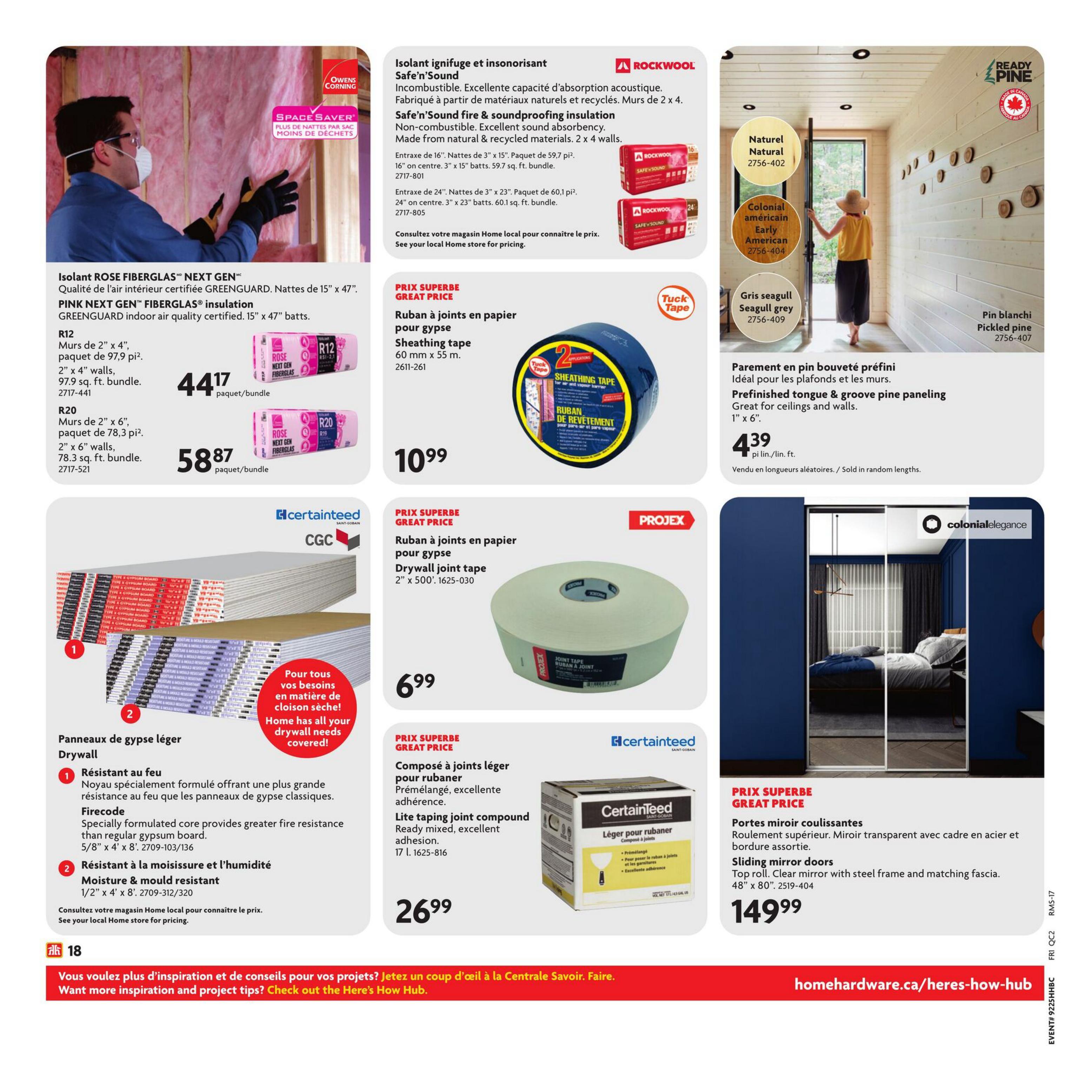 Home Hardware flyer page 23 featuring insulation, drywall, and finishing products. Offers include PINK NEXT GEN FIBERGLAS insulation in 15' x 47' batts for $44.17 per bundle and R20 2' x 6' batts for $58.87 per bundle. Also available is ROCKWOOL Safe'n'Sound fire and soundproofing insulation in 16' x 15' and 24' x 23' sizes, with pricing available in-store. For drywall projects, find Tuck Tape sheathing tape for $10.99 and PROJEX drywall joint tape for $6.99. CertainTeed lite taping joint compound is priced at $26.99. The page also showcases CertainTeed firecode and moisture & mould resistant drywall panels, with pricing available in-store. Additionally, find Prefinished tongue & groove pine paneling in 1' x 6' for $4.39 per linear foot, available in Natural, Colonial American Early, and Seagull Grey finishes. Finally, Colonial Elegance sliding mirror doors (48' x 80') are available for $149.99. The bottom of the page promotes the Home Hardware website for inspiration and project tips.