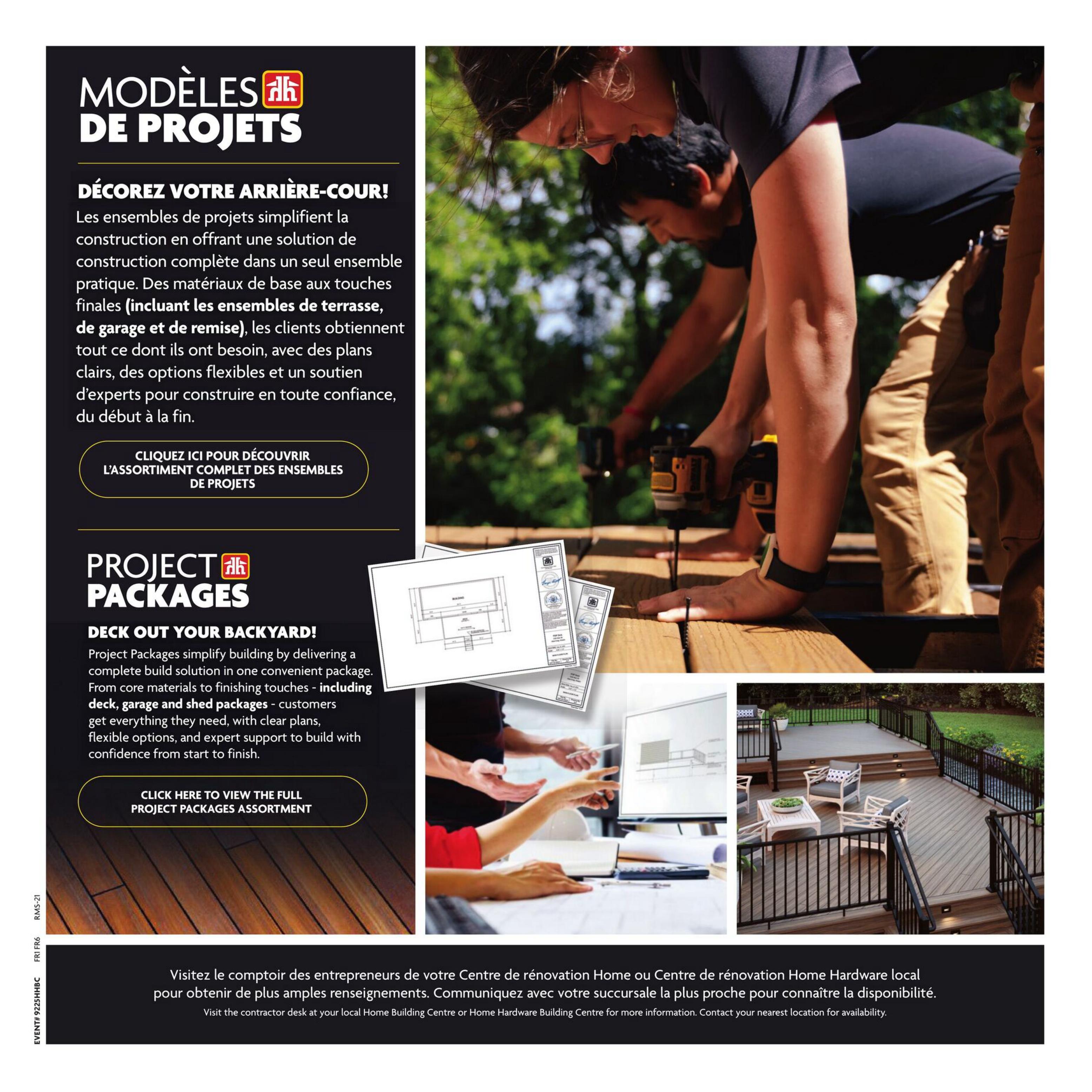 Home Hardware flyer page 26 showcasing Project Packages for backyard renovations. The page highlights 'Project Packages' with the tagline 'Deck Out Your Backyard!'. It explains that these packages simplify construction by offering complete build solutions, including core materials and finishing touches for decks, garages, and sheds. Customers receive clear plans, flexible options, and expert support. A button prompts users to 'Click here to view the full project packages assortment'. The page also features images of blueprints, people working on a deck, and a finished deck with outdoor furniture. A footer directs visitors to the contractor desk at their local Home Building Centre or Home Hardware Building Centre for more information and availability.