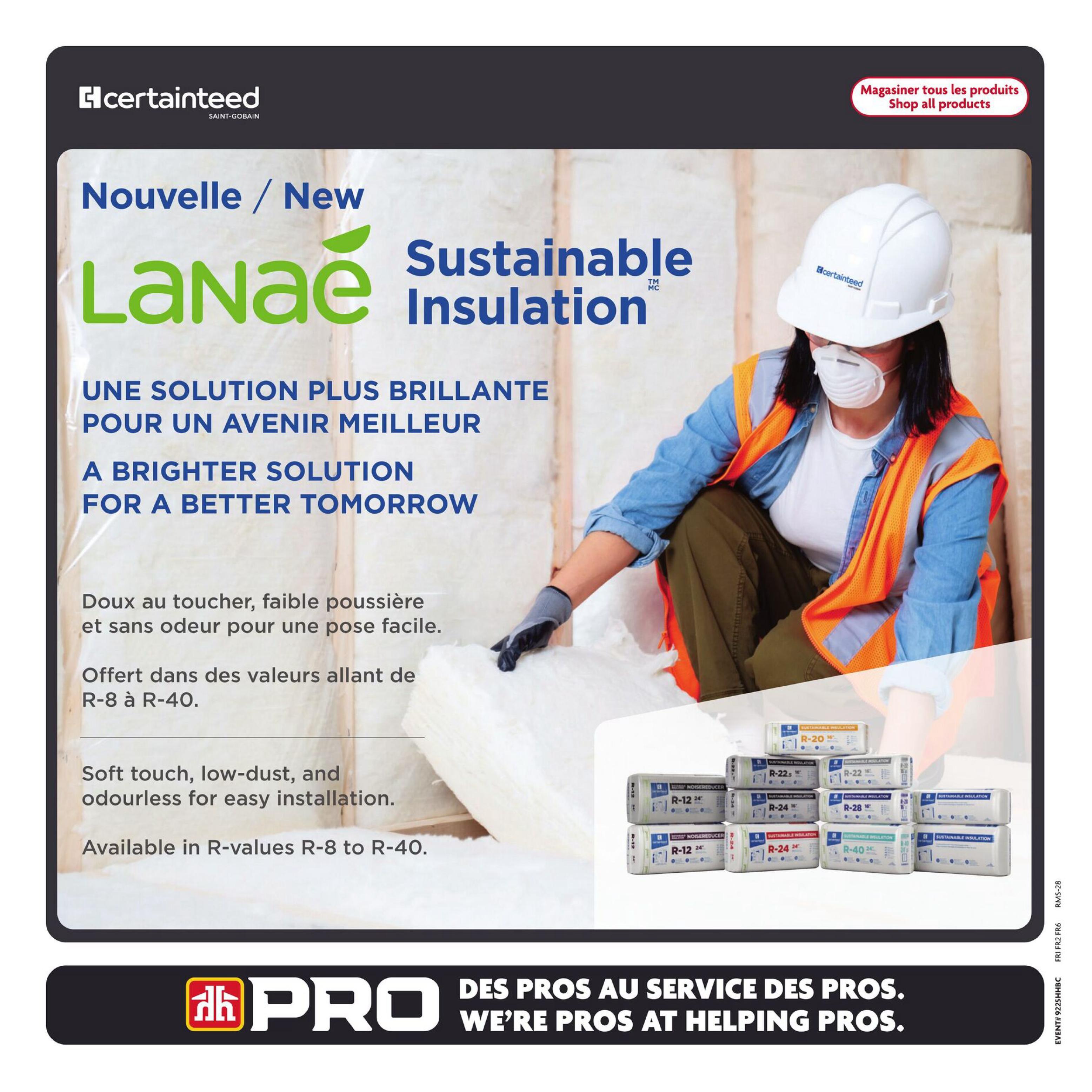 Page 27 of the Home Hardware flyer features CertainTeed's Lanae Sustainable Insulation. The product is described as a brighter solution for a better tomorrow, with a soft touch, low-dust, and odourless formula for easy installation. It is available in R-values ranging from R-8 to R-40. The page also displays various insulation packages, including R-12, R-20, R-22, R-24, R-28, and R-40 values. The bottom of the page includes the PRO logo and the tagline 'Des pros au service des pros. We're pros at helping pros.