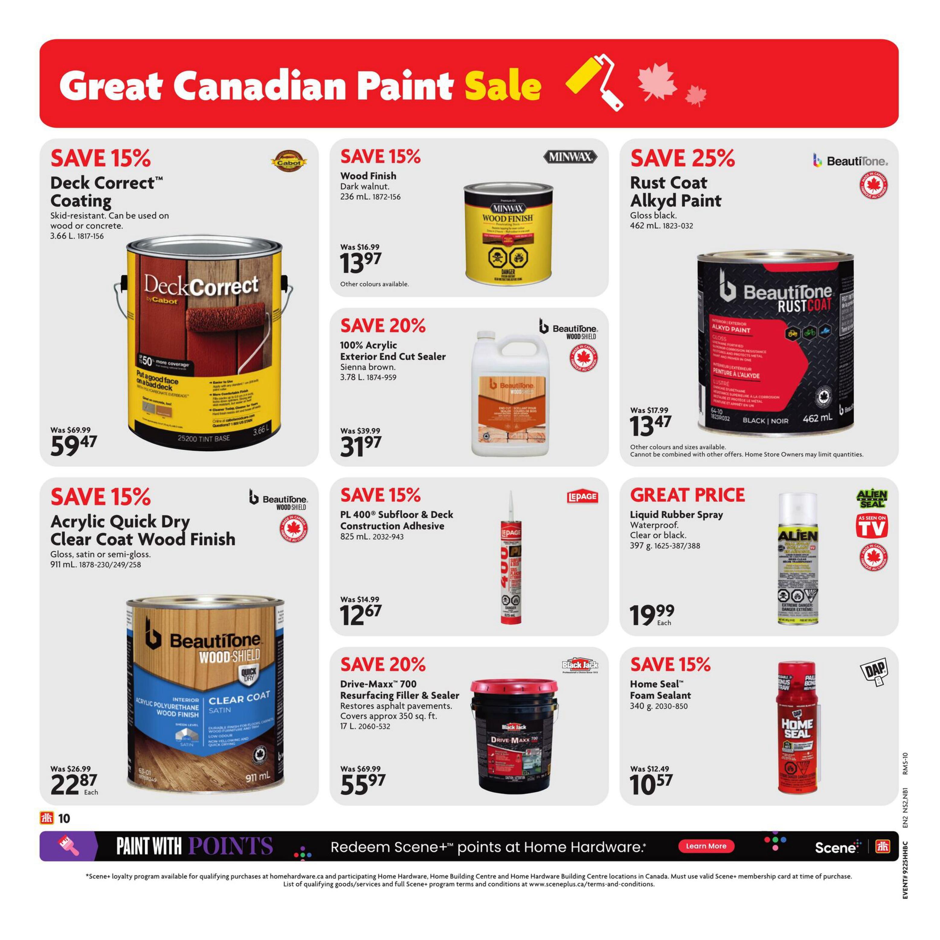 Home Hardware Atlantic flyer, page 12, featuring a Great Canadian Paint Sale. Save 15% on Cabot Deck Correct Coating, 3.66 L, for $59.47. Save 15% on Minwax Wood Finish in Dark Walnut, 236 mL, for $13.97. Save 25% on Beautitone Rust Coat Alkyd Paint in Gloss Black, 462 mL, for $13.47. Save 15% on Beautitone Acrylic Quick Dry Clear Coat Wood Finish, 911 mL, for $22.87. Save 20% on Beautitone 100% Acrylic Exterior End Cut Sealer in Sienna Brown, 3.78 L, for $31.97. Save 15% on Lepage PL 400 Subfloor & Deck Construction Adhesive, 825 mL, for $12.67. Great Price on Alien Liquid Rubber Spray, Clear or Black, 397 g, for $19.99 each. Save 20% on Drive-Maxx 700 Resurfacing Filler & Sealer, 17 L, for $55.97. Save 15% on Home Seal Foam Sealant, 340 g, for $10.57. The page also highlights 'Paint with Points' and Scene+ loyalty program details.