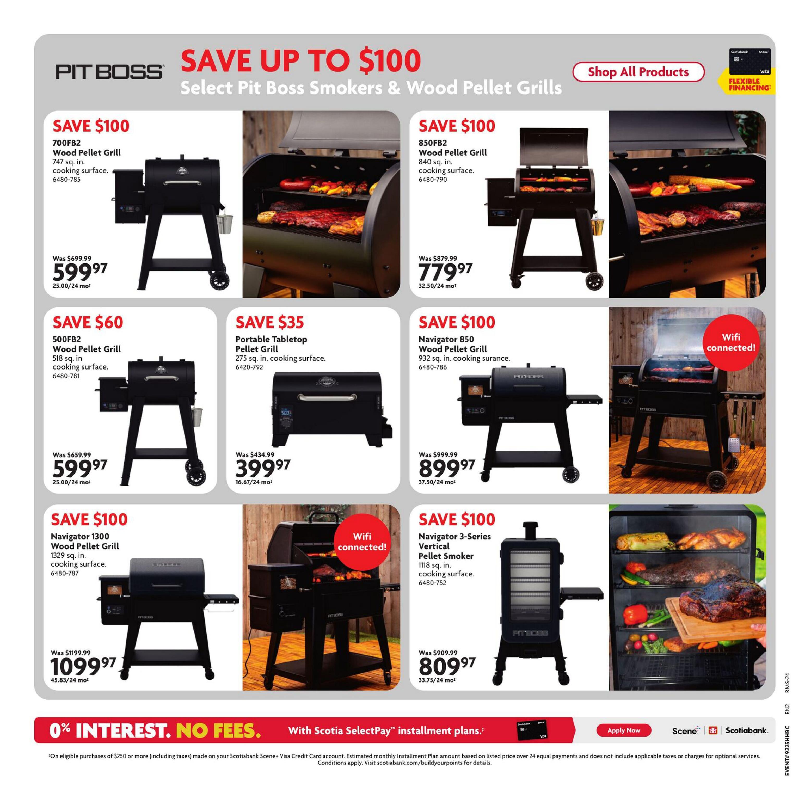 Home Hardware flyer page featuring Pit Boss smokers and wood pellet grills with savings up to $100. Offers include the 700FB2 Wood Pellet Grill with 747 sq. in. cooking surface, on sale for $599.97 (save $100). The 850FB2 Wood Pellet Grill with 840 sq. in. cooking surface is $779.97 (save $100). The 500FB2 Wood Pellet Grill with 518 sq. in. cooking surface is $599.97 (save $60). A Portable Tabletop Pellet Grill with 275 sq. in. cooking surface is $399.97 (save $35). The Navigator 1300 Wood Pellet Grill with 1329 sq. in. cooking surface is $1099.97 (save $100). The Navigator 850 Wood Pellet Grill with 932 sq. in. cooking surface is $899.97 (save $100). The Navigator 3-Series Vertical Pellet Smoker with 1118 sq. in. cooking surface is $809.97 (save $100) and features WiFi connectivity. All items are available with 0% interest, no fees, and Scotiabank Scene+ Visa Credit Card installment plans on eligible purchases of $250 or more.
