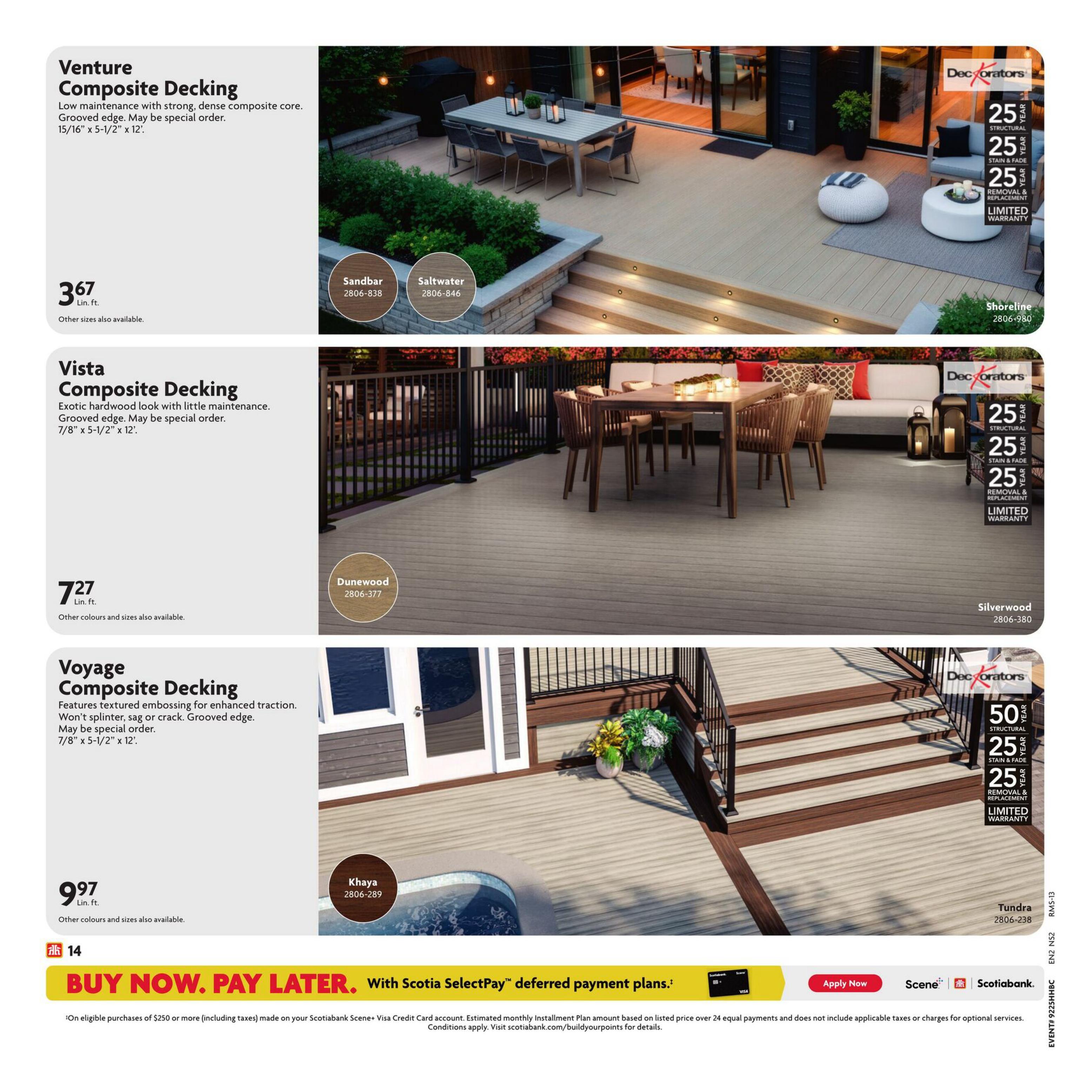 Home Hardware flyer page featuring composite decking options. Venture Composite Decking is priced at $3.67 per linear foot and comes in Sandbar and Saltwater colours. Vista Composite Decking, with an exotic hardwood look, is $7.27 per linear foot and available in Dunewood. Voyage Composite Decking, featuring textured embossing for enhanced traction, is $9.97 per linear foot and comes in Khaya. All composite decking lines may be special order and have grooved edges. Decorators brand composite decking includes a 25-year structural, 25-year stain & fade, and 25-year removal & replacement limited warranty, with some products offering up to a 50-year structural warranty. Options include Shoreline, Silverwood, and Tundra. The page also advertises a 'Buy Now, Pay Later' offer with Scotiabank SelectPay deferred payment plans for purchases of $250 or more.