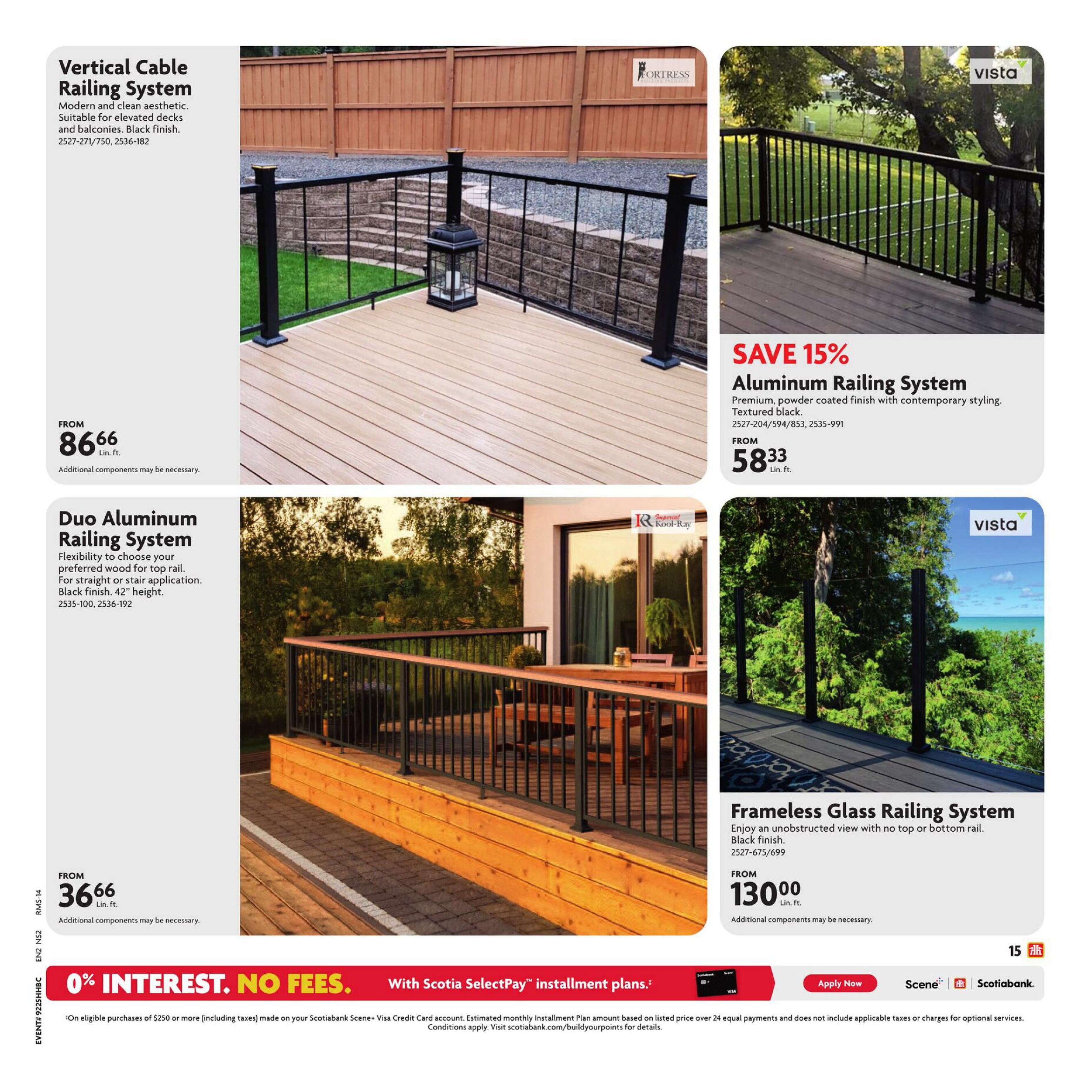 Home Hardware Atlantic flyer, page 20. Features railing systems for decks and balconies. Top left: Vertical Cable Railing System, modern and clean aesthetic, suitable for elevated decks and balconies, black finish, priced from $86.66 Lin. ft. Top right: SAVE 15% on Aluminum Railing System, premium powder coated finish with contemporary styling, textured black, priced from $58.33 Lin. ft. Bottom left: Duo Aluminum Railing System, black finish, 42' height, priced from $36.66 Lin. ft. Bottom right: Frameless Glass Railing System, enjoy an unobstructed view with no top or bottom rail, black finish, priced from $130.00 Lin. ft. All items state additional components may be necessary. Bottom banner: 0% Interest, No Fees with Scotia SelectPay installment plans on eligible purchases of $250 or more. Page 15 of 27.