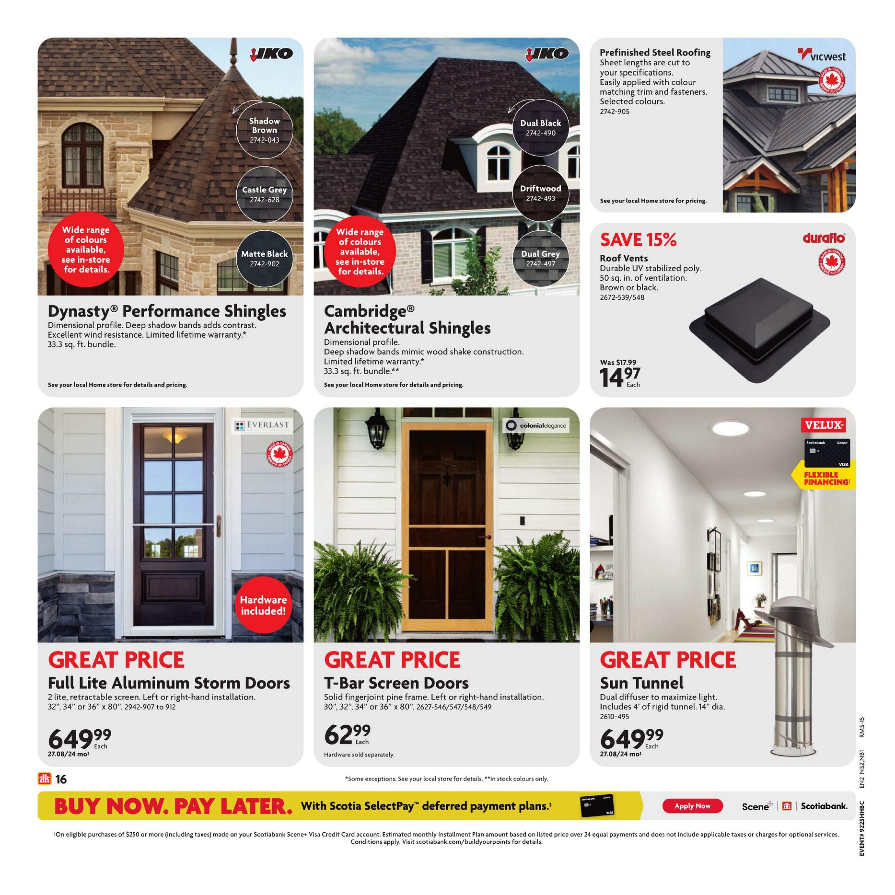 Home Hardware Atlantic flyer, page 21. Features IKO Dynasty Performance Shingles in Shadow Brown, Castle Grey, and Matte Black, and Cambridge Architectural Shingles in Dual Black, Driftwood, and Dual Grey. Prefinished Steel Roofing from Vicwest is also shown. Duraflo Roof Vents are on sale for $14.97 each, a 15% saving from the original $17.99. Also featured are Great Price deals on Everlast Full Lite Aluminum Storm Doors for $649.99 each, and Colonial Elegance T-Bar Screen Doors for $62.99 each. A Velux Sun Tunnel with dual diffuser is available for $649.99 each. Flexible financing options are available with Scotiabank. Buy now, pay later with Scotiabank SelectPay deferred payment plans on eligible purchases of $250 or more.