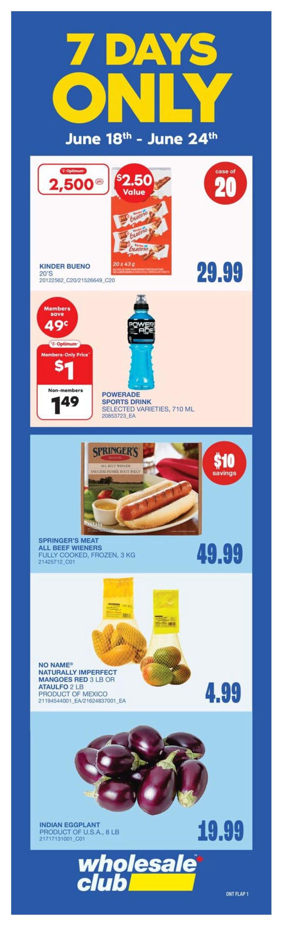 Wholesale Club flyer, page 5, valid June 18 - July 8. Get 12,000 PC Optimum points when you spend $60 or more on Café Express, Titan, or IECO restaurant disposables. Open your PC Optimum app to load these offers, one use only. App exclusive offers include 100-count party cups in gold and red, 18oz (532 ml) size, with a 30% discount. Also featured are white paper cups, brown paper take-out boxes, clear plastic bowls with lids, and aluminum foil take-out containers with lids, along with plastic cutlery. The page features the Wholesale Club logo.