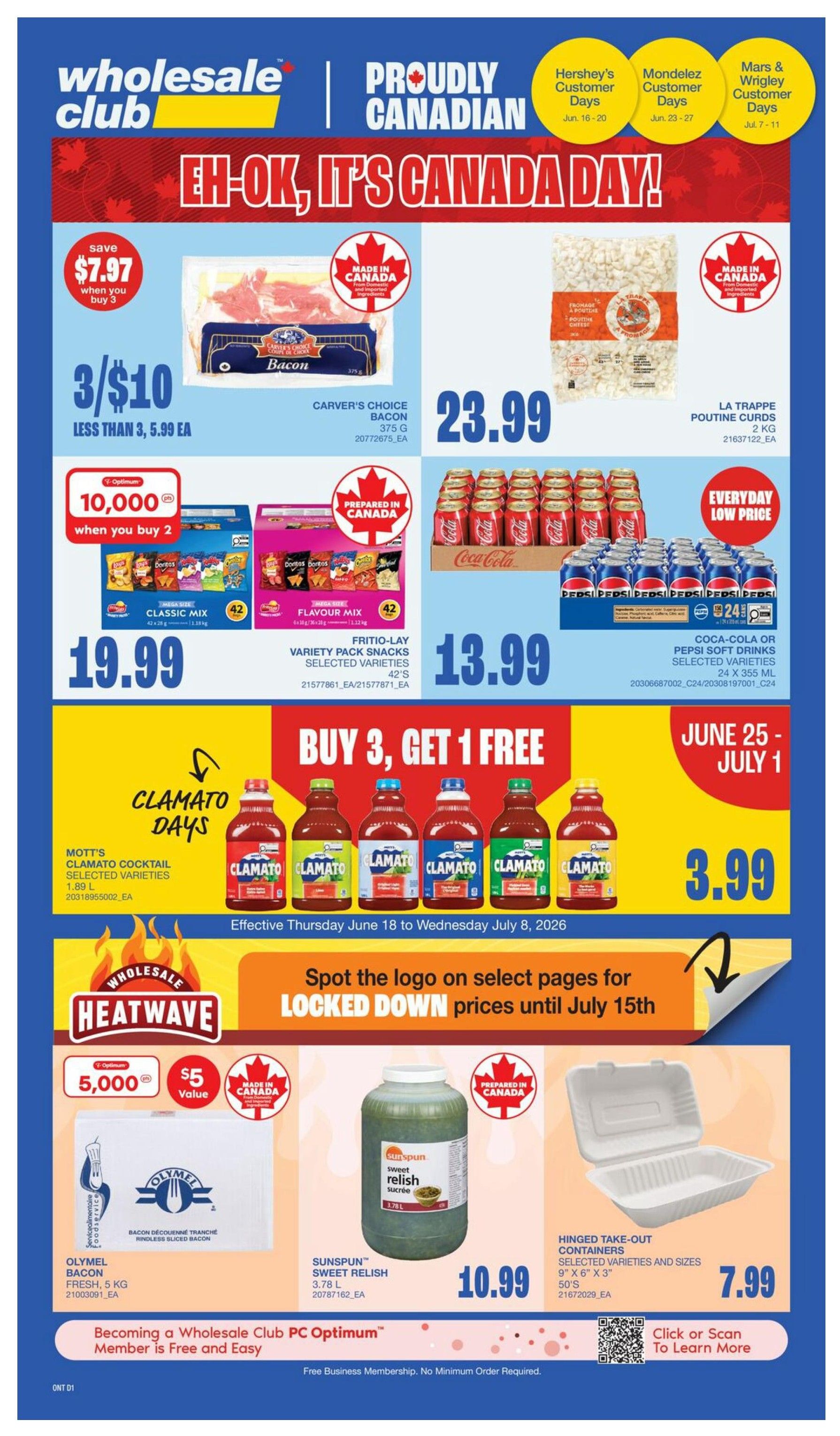 Wholesale Club flyer featuring Hershey's Days from June 16 to June 20. Get 10,000 Optimum points when you buy 7 boxes of Hershey's King Bars, selected varieties. Also, earn 10,000 Optimum points when you buy 7 boxes of Chocolate Singles, selected varieties. Featured is a case of 16 Reese's Big Cups King Chocolate Bars, selected varieties, for $23.99. The flyer also shows boxes of Oh Henry! King Size bars and Hershey's Cookies 'n' Creme bars.