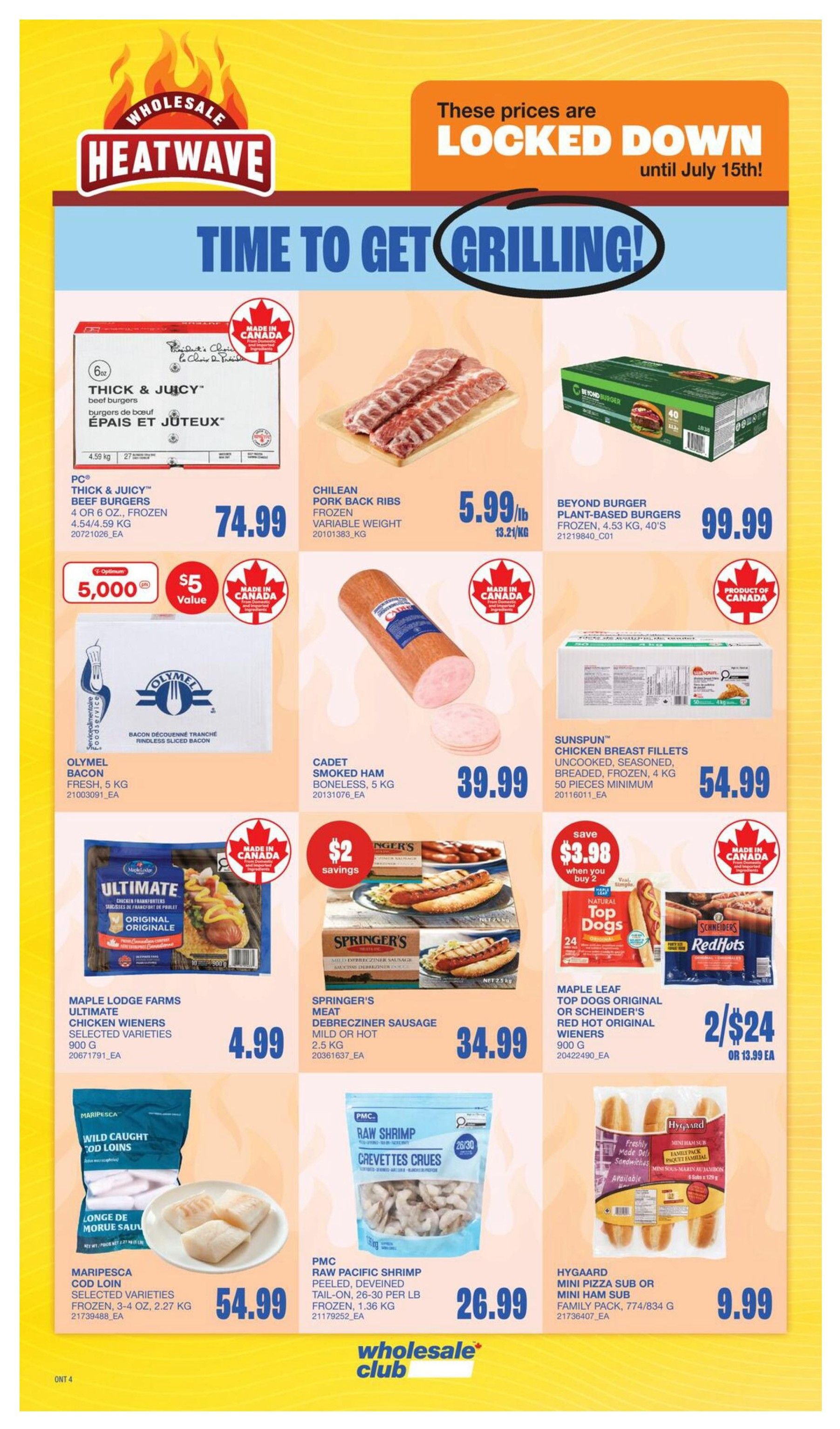Wholesale Club Heatwave flyer page 11 featuring grilling specials. Prices are locked down until July 15th. Featured products include PC Thick & Juicy Beef Burgers for $74.99, Chilean Pork Back Ribs for $5.99/lb, and Beyond Burger Plant-Based Burgers for $99.99. Also available are Olymel Bacon for $5 value with 5,000 Optimum points, Cadet Smoked Ham for $39.99, and Sunspun Chicken Breast Fillets for $54.99. Savings are highlighted on Maple Leaf Top Dogs Original or Scheider's Red Hot Original Wieners at 2 for $24 or $13.99 each. Other deals include Maple Lodge Farms Ultimate Chicken Wieners for $4.99, Springers Meat Debrecizner Sausage for $34.99, Maripesca Cod Loin for $54.99, PMC Raw Pacific Shrimp for $26.99, and Hygaard Mini Pizza Sub or Mini Ham Sub for $9.99.
