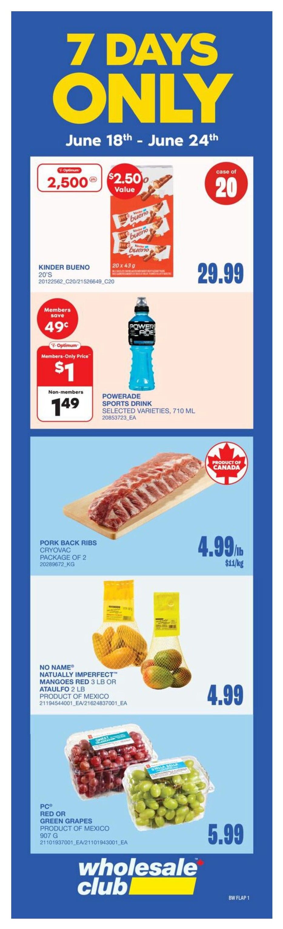 Wholesale Club flyer, page 6, featuring restaurant disposables from brands like Café Express, Titan, and IECO. Offers valid from June 18 to July 8. Get 12,000 PC Optimum points when you spend $60 or more on these items. App exclusive offers are available. Products shown include white paper cups, 100-count party cups in gold and red with a 30% discount, clear plastic cups, clear plastic lids, round clear plastic containers with lids, and aluminum foil take-out containers. Also visible are Kraft paper take-out boxes and plastic cutlery.