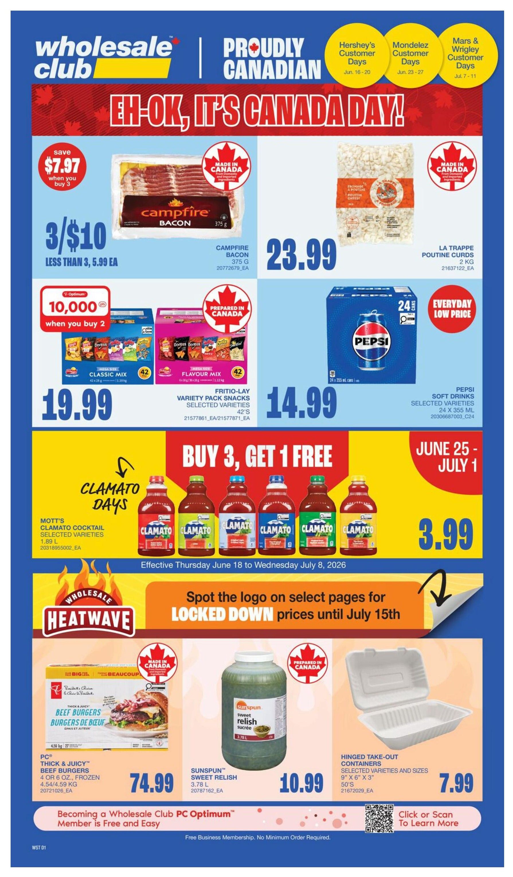 Wholesale Club flyer featuring Hershey's Days from June 16 to June 20. Get 10,000 Optimum Points when you buy 7 boxes of Hershey's King Bars, selected varieties, or Hershey's Chocolate Singles, selected varieties. Also featured is a case of 16 Reese's Big Cup King Size Chocolate Bars, selected varieties, for $24.79. The flyer includes the Hershey's and Wholesale Club logos.