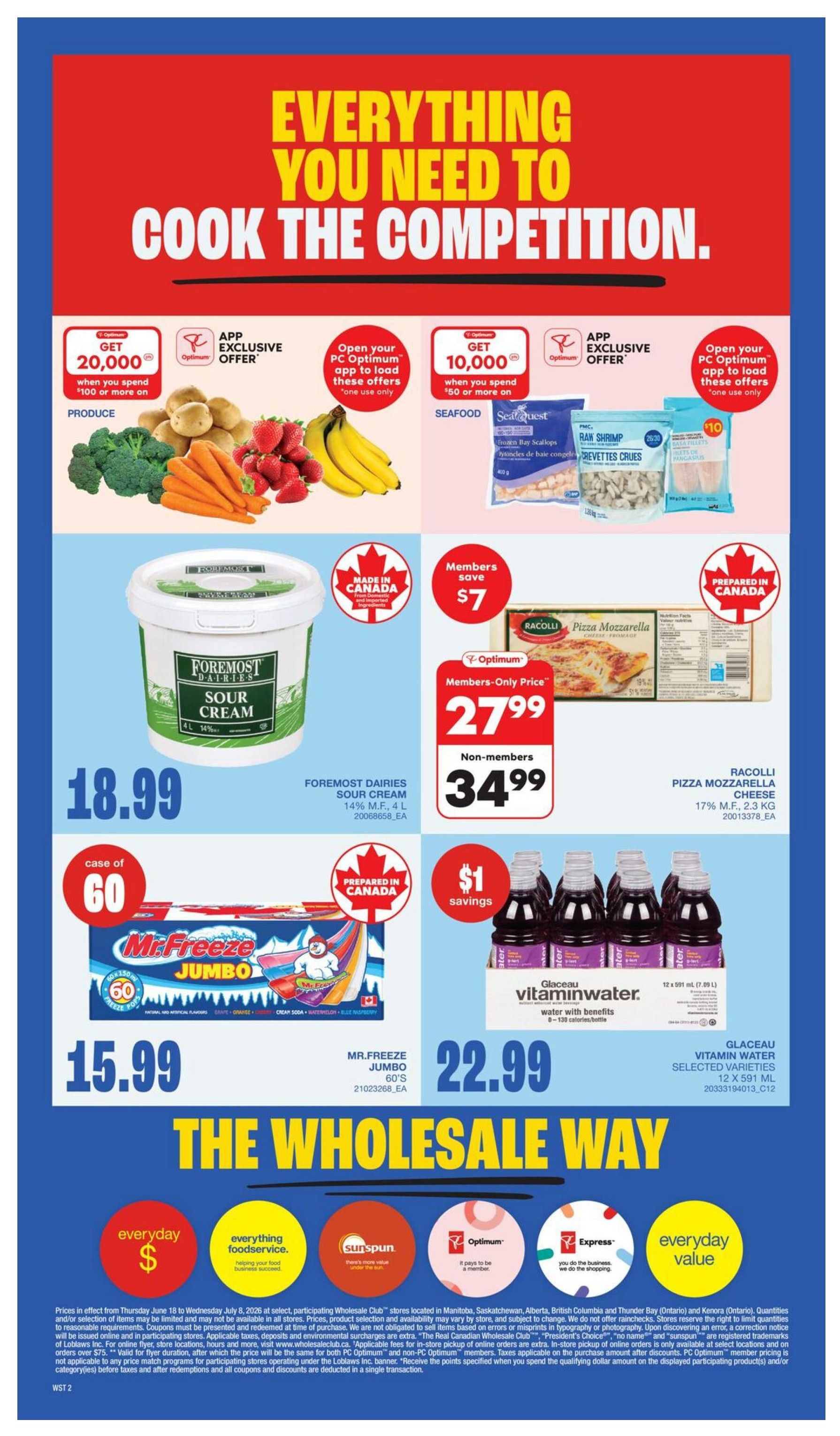 Wholesale Club flyer page 8 features 'Everything You Need to Cook the Competition.' Includes PC Optimum app exclusive offers: get 20,000 bonus points when you spend $100 or more on produce, and get 10,000 bonus points when you spend $50 or more on seafood. Featured products include Foremost Dairies Sour Cream 4L for $18.99, Mr. Freeze Jumbo popsicles (60's) for $15.99, Racolli Pizza Mozzarella Cheese (2.3 kg) for $34.99 non-members or $27.99 for members with a $7 saving, and Glaceau Vitamin Water (12 x 591 mL) for $22.99 with $1 savings. The page also highlights everyday value with various partner logos like Sun Rype and Express.