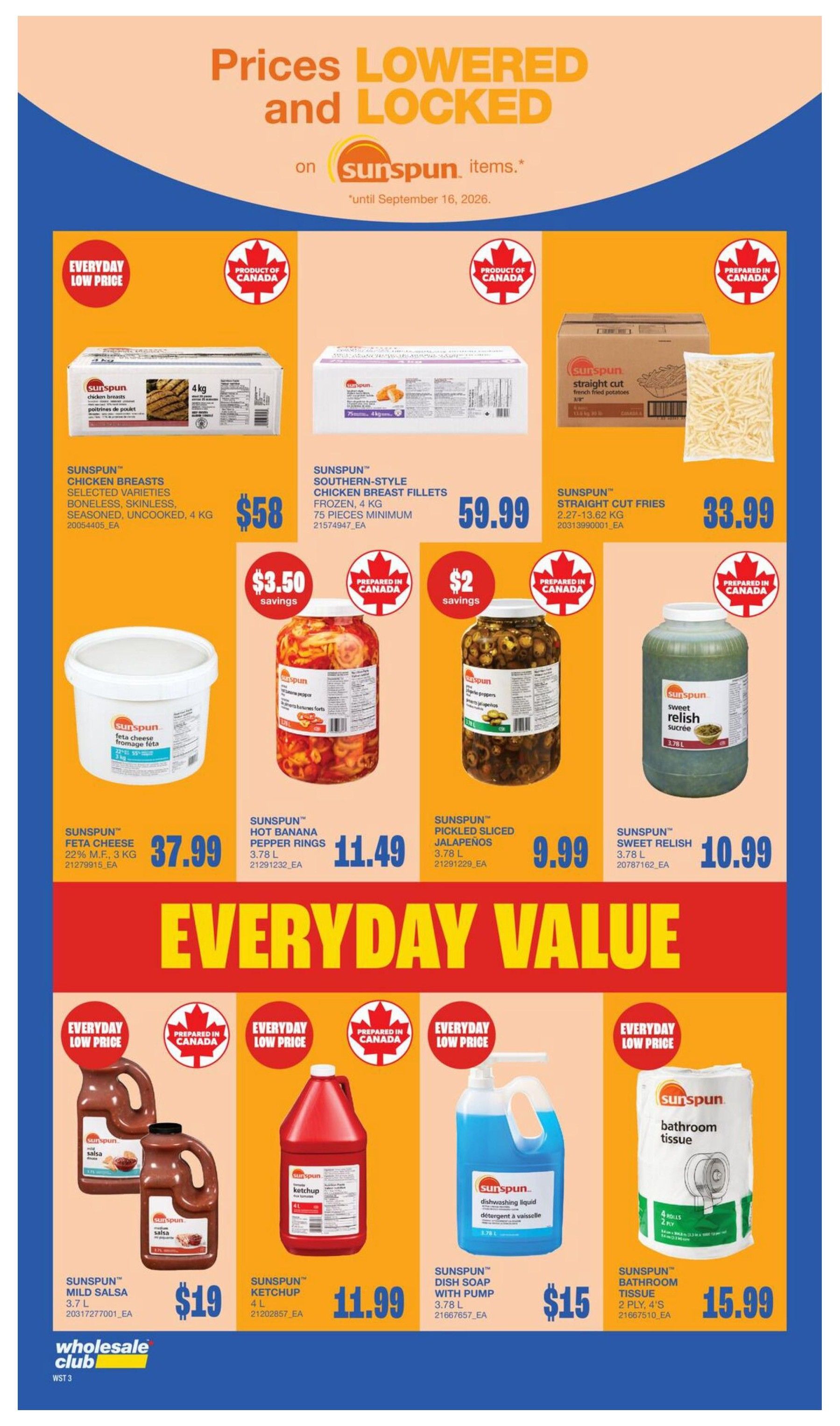 Wholesale Club flyer page 11 featuring Sunspun items with prices lowered and locked until September 16, 2026. Top row includes Sunspun Chicken Breasts, selected varieties, boneless, skinless, seasoned, uncooked, 4 kg for $58; Sunspun Southern-Style Chicken Breast Fillets, frozen, 4 kg, 75 pieces minimum for $59.99; and Sunspun Straight Cut Fries, 2.27-13.62 kg for $33.99. Middle row features Sunspun Feta Cheese, 22% M.F., 3 kg for $37.99; Sunspun Hot Banana Pepper Rings, 3.78 L with $3.50 savings for $11.49; Sunspun Pickled Sliced Jalapeños, 3.78 L with $2 savings for $9.99; and Sunspun Sweet Relish, 3.78 L for $10.99. The bottom section highlights 'Everyday Value' with Sunspun Mild Salsa, 3.7 L for $19; Sunspun Ketchup, 4 L for $11.99; Sunspun Dish Soap with Pump, 3.78 L for $15; and Sunspun Bathroom Tissue, 2 ply, 4's for $15.99.