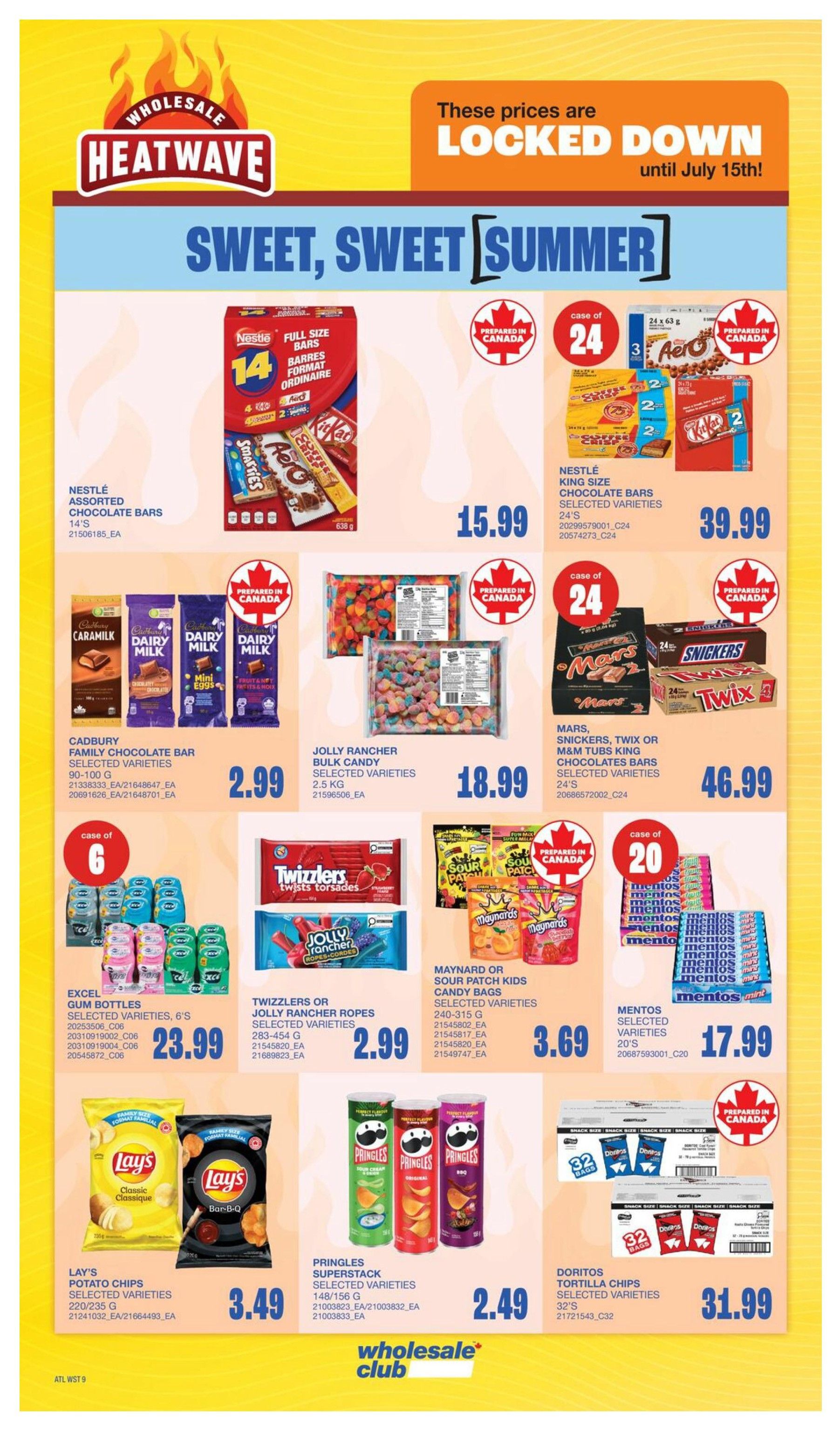 Wholesale Club flyer page 17 features a 'Sweet, Sweet Summer' sale with locked-down prices until July 15th. Featured items include Nestlé Assorted Chocolate Bars (14's) for $15.99, and a case of 24 Nestlé King Size Chocolate Bars (selected varieties) for $39.99. Cadbury Family Chocolate Bars (selected varieties, 90-100g) are $2.99. Jolly Rancher Bulk Candy (selected varieties, 2.5 kg) is $18.99. Mars, Snickers, Twix or M&M's King Size Chocolate Bars (24's) are $46.99. Excel Gum Bottles (selected varieties, 6's) are $23.99. Twizzlers or Jolly Rancher Ropes (selected varieties) are $2.99. Maynard or Sour Patch Kids Candy Bags (selected varieties, 240-315g) are $3.69. Mentos Selected Varieties (20's) are $17.99. Lay's Potato Chips (selected varieties, 220/235g) are $3.49. Pringles Superstack (selected varieties, 148/156g) are $2.49. Doritos Tortilla Chips (selected varieties, 32's) are $31.99. Many products are prepared in Canada.