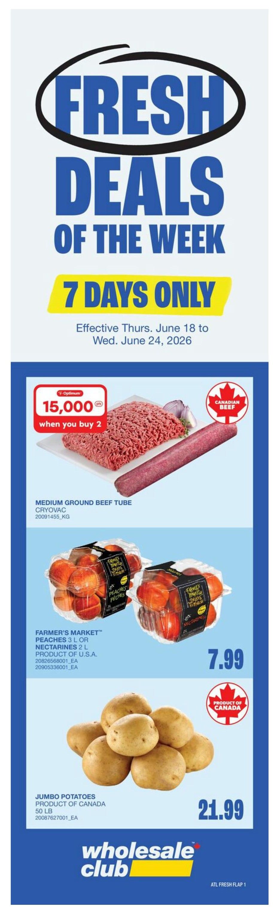 Wholesale Club Atlantic Canada flyer, page 5, valid June 18 - July 8. Earn 12,000 PC Optimum points when you spend $60 or more on Café Express, Titan, or IECO restaurant disposables. App exclusive offers are available. Featured products include white paper bowls, 100-count party cups in gold and red (18oz/532ml), brown paper take-out containers, clear plastic bowls with lids, and aluminum foil take-out pans with lids. Also shown are plastic cutlery sets.