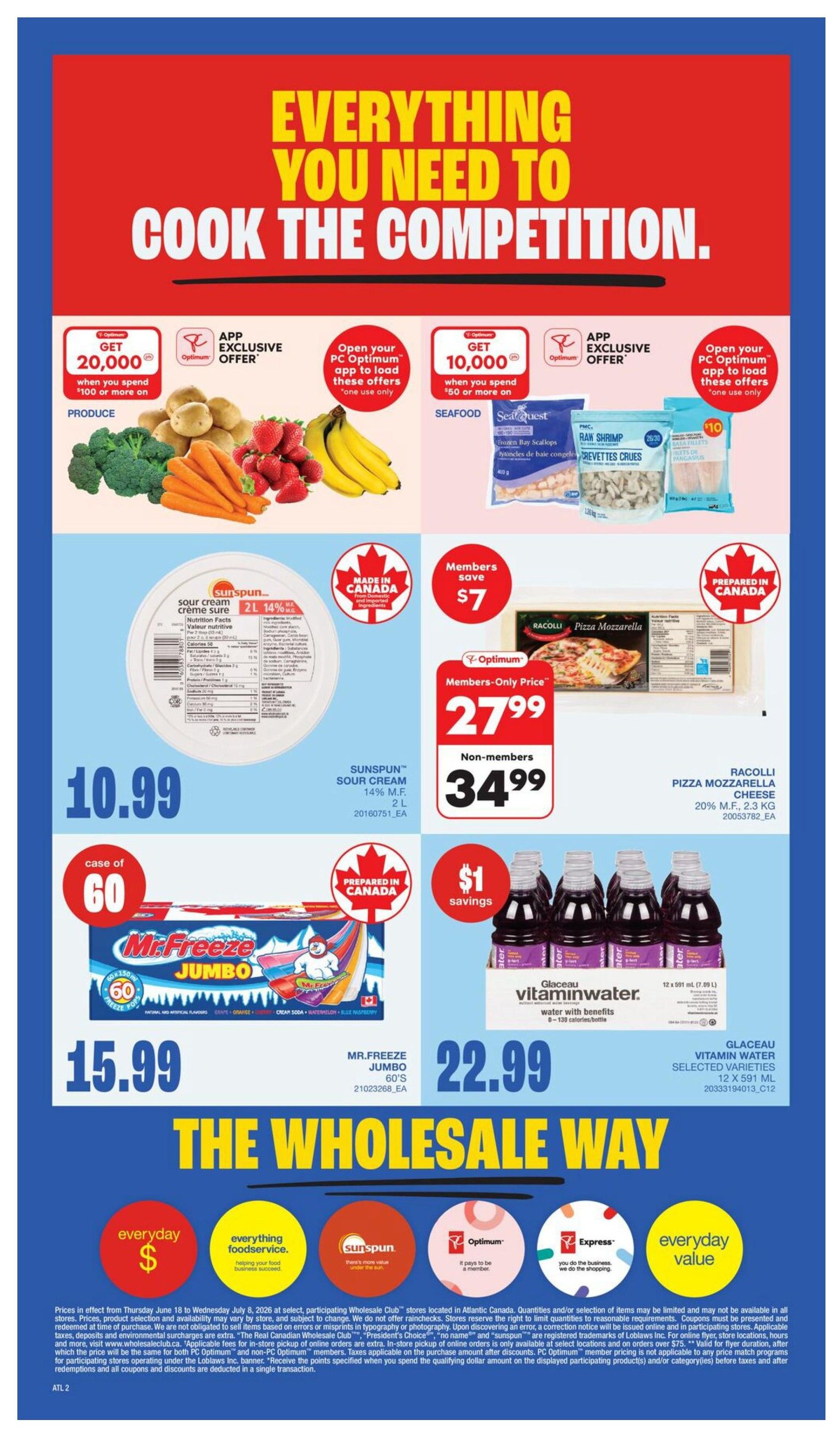 Wholesale Club Atlantic Canada flyer page 7, featuring 'Everything You Need to Cook the Competition.' Offers include PC Optimum app exclusive offers: get 20,000 points when you spend $100 or more on Produce, and get 10,000 points when you spend $50 or more on Seafood. Featured products include Sunspun Sour Cream 14% M.F. 2L for $10.99, Racolli Pizza Mozzarella Cheese 20% M.F. 2.3 kg for $27.99 for members (non-members pay $34.99), and Mr. Freeze Jumbo popsicles 60's for $15.99. Also available is Glaceau Vitamin Water Selected Varieties 12 x 591 mL for $22.99, with $1 savings. The bottom of the page highlights everyday value with logos for PC Optimum, Sun- અનુસાર, and Express.