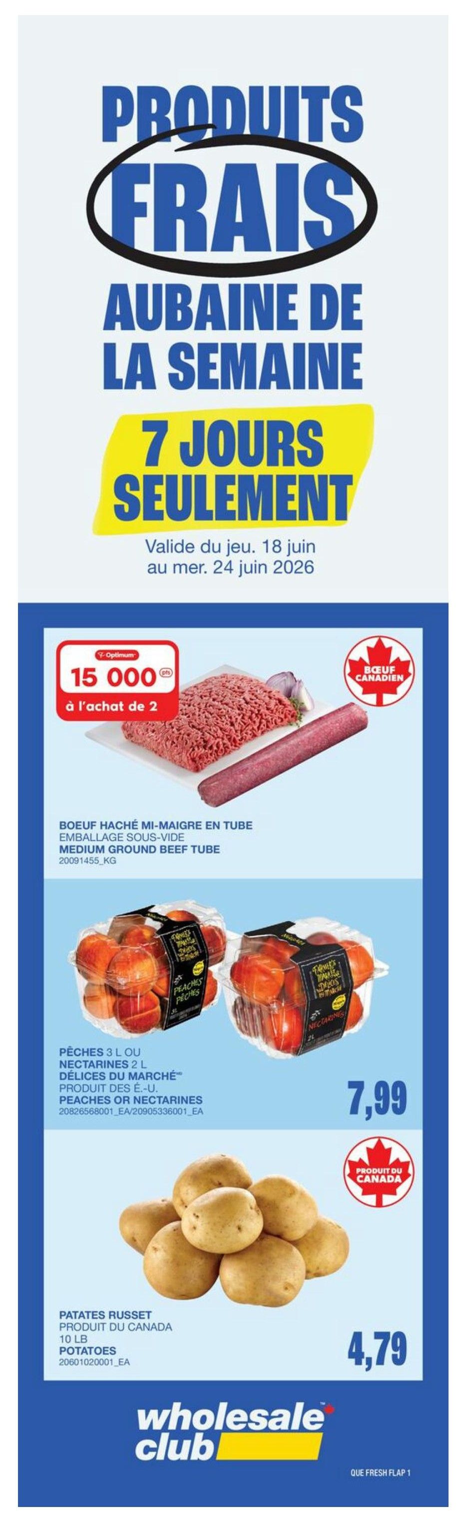 Wholesale Club flyer, page 5. Special offer: Get 12,000 PC Optimum points when you spend $60 or more. Open your PC Optimum app to download these offers, one use per offer. Featuring a selection of eco-responsible, single-use packaging for restaurants, cafes, and express service. Products include white disposable cups, brown paper food containers, clear plastic bowls with lids, and aluminum foil pans. Also shown are colourful 100-count party cups, with a 30% discount advertised on the packaging for 'Party Cups' and 'Verres pour fête'.