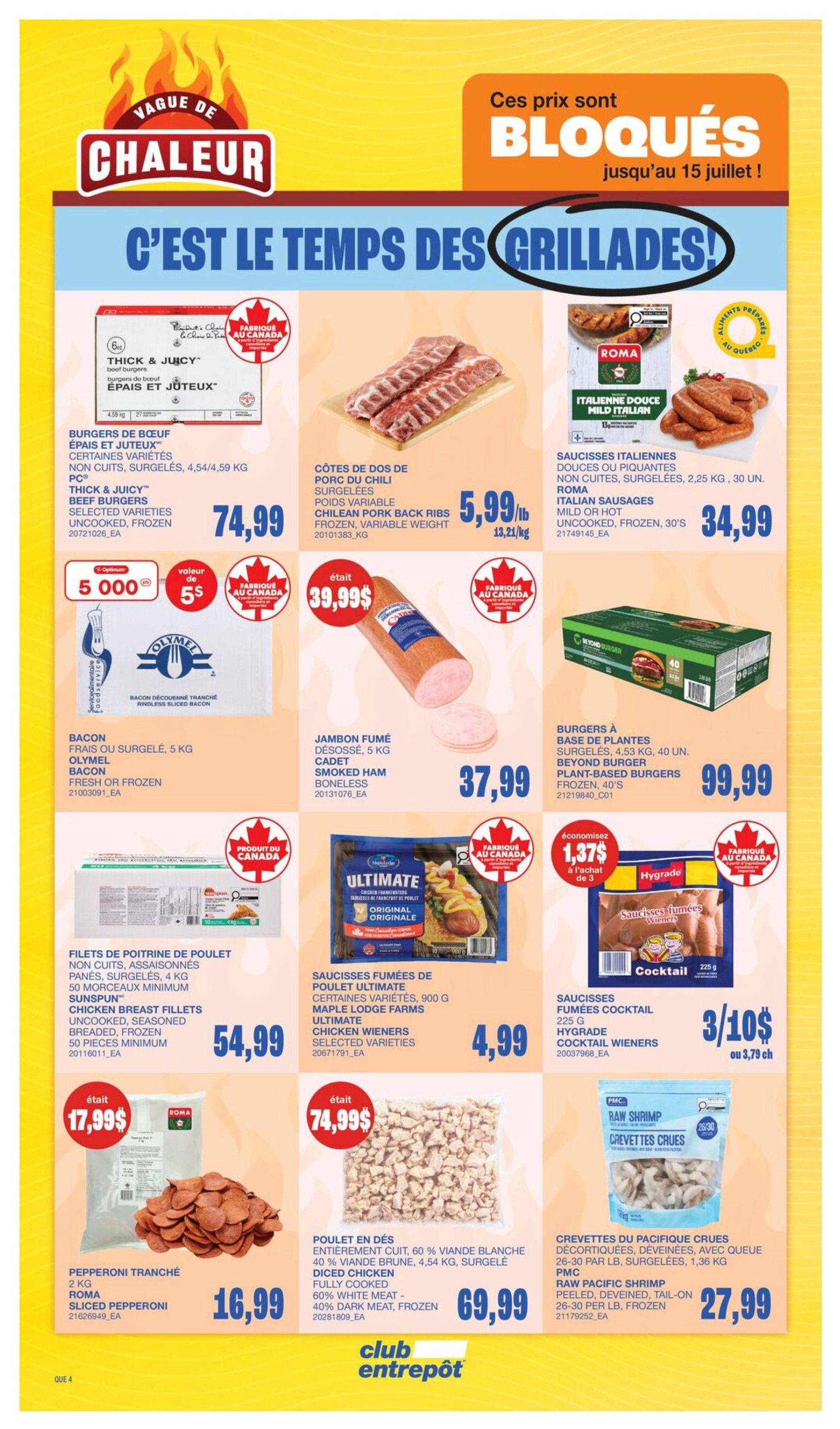 Wholesale Club Quebec flyer, page 11, featuring grilling specials. Large format Thick & Juicy beef burgers, 4.54/4.59 kg, are $74.99. Chilean pork back ribs are on sale for $5.99/lb. Roma Italian sausages, mild or hot, 2.25 kg, are $34.99. Olymel bacon, fresh or frozen, 5 kg, is $5,000 points value, worth $5. Smoked ham, boneless, 5 kg, is $37.99. Beyond Meat plant-based burgers, frozen, 40's, are $99.99. Sunspun chicken breast fillets, uncooked, seasoned, breaded, frozen, 50 pieces minimum, 4 kg, are $54.99. Ultimate chicken wieners, 900 g, are $4.99. Hygrade cocktail wieners, 225 g, are 3 for $10 or $3.79 each. Roma sliced pepperoni, 2 kg, is $16.99. Fully cooked diced chicken, 60% white meat, 40% dark meat, frozen, 4.54 kg, is $69.99. Raw Pacific shrimp, peeled, deveined, tail-on, 26-30 per lb, frozen, 1.36 kg, is $27.99.