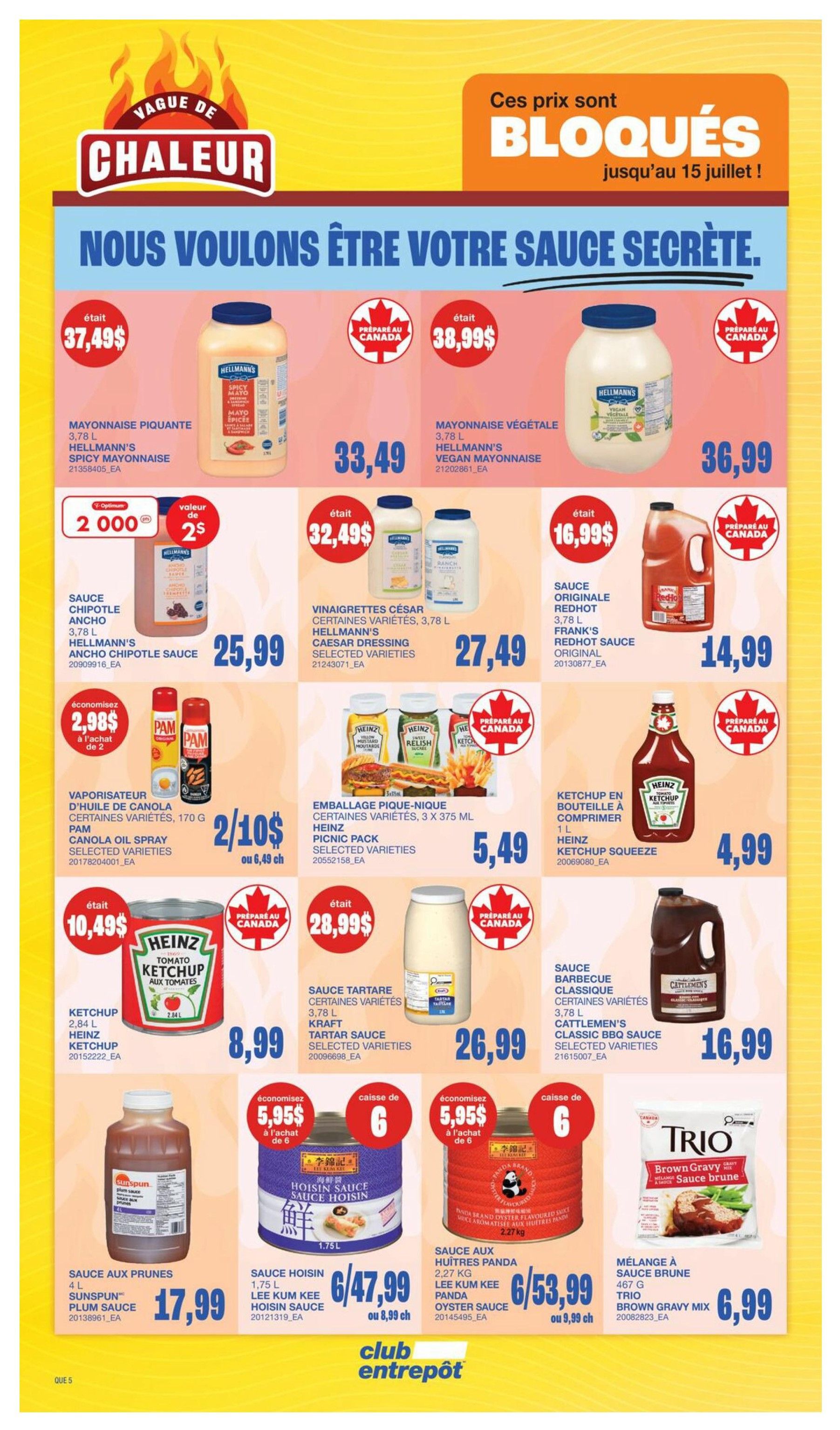 Wholesale Club Quebec flyer page 12 features a 'Heat Wave' theme with 'Prices are LOCKED' until July 15th. Featured products include Hellmann's Spicy Mayonnaise at $33.49, Hellmann's Vegan Mayonnaise at $36.99, Hellmann's Chipotle Ancho Sauce for $25.99, and Hellmann's Caesar Dressing for $27.49. Also available are Frank's RedHot Sauce for $14.99, Pam Canola Oil Spray 2 for $10 (or $6.49 each), Heinz Picnic Pack for $5.49, and Heinz Ketchup Squeeze for $4.99. Kraft Tartar Sauce is priced at $26.99, and Heinz Tomato Ketchup is $8.99. Special offers include Lee Kum Kee Hoisin Sauce for $47.99 for 6 (or $8.99 each) and Lee Kum Kee Panda Oyster Sauce for $53.99 for 6 (or $9.99 each). Trio Brown Gravy Mix is $6.99. Cattlemen's Classic BBQ Sauce is $16.99.