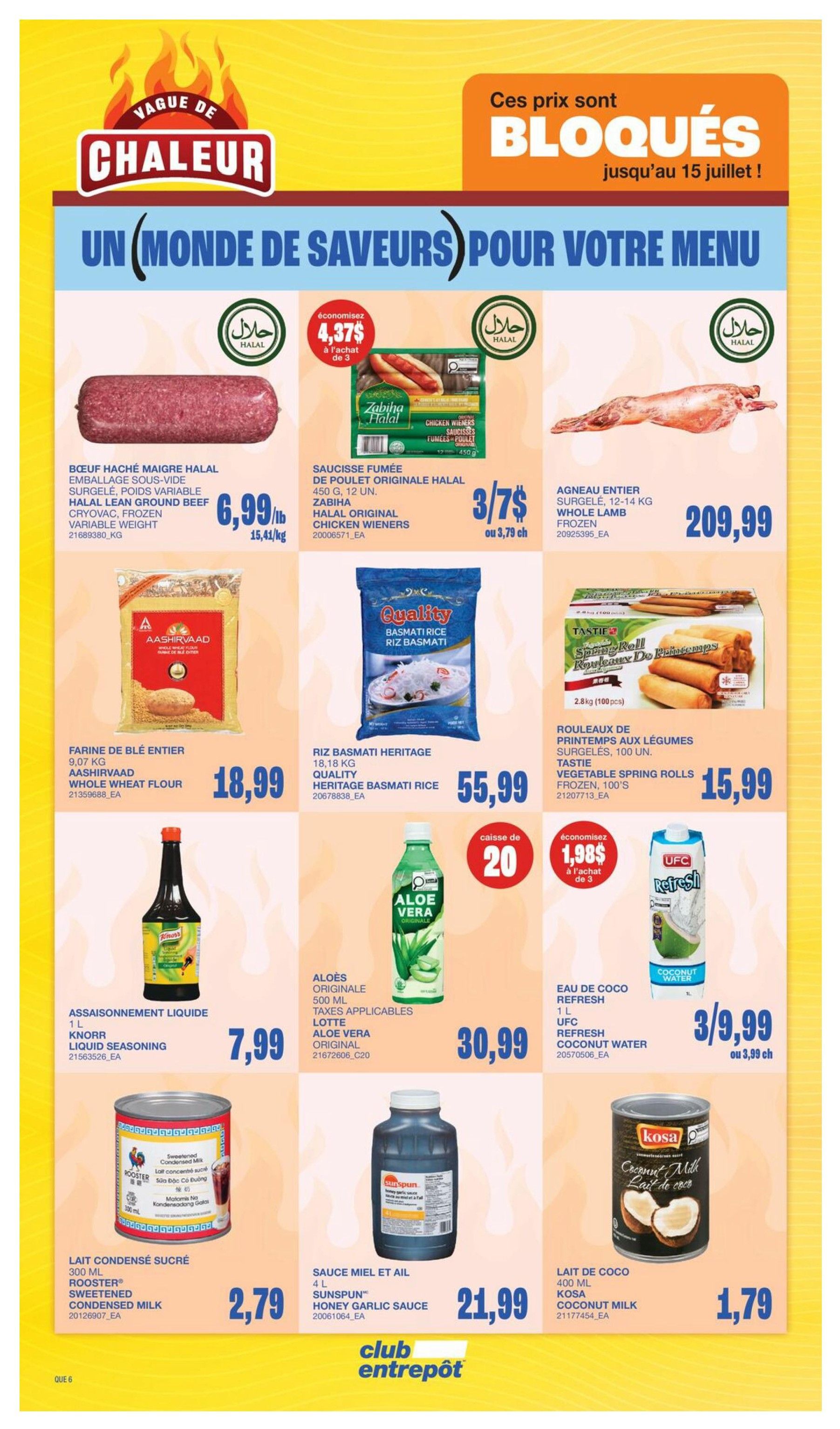 Wholesale Club Quebec weekly flyer specials page 13 features a 'Heat Wave' theme with 'Blocked Prices' until July 15th. Featured products include Halal lean ground beef for $6.99/lb, Zabihah Halal original chicken wieners at 3/$7 or $3.79 each, and whole lamb for $209.99. Also available are Aashirvaad whole wheat flour for $18.99, Quality Heritage Basmati rice for $55.99, and Tastien vegetable spring rolls for $15.99. Drink options include Lotte Aloe Vera Original juice for $30.99, Knorr liquid seasoning for $7.99, UFC Refresh coconut water at 3/$9.99 or $3.99 each. Additionally, Rooster sweetened condensed milk is $2.79, Sunspun honey garlic sauce is $21.99, and Kosa coconut milk is $1.79.