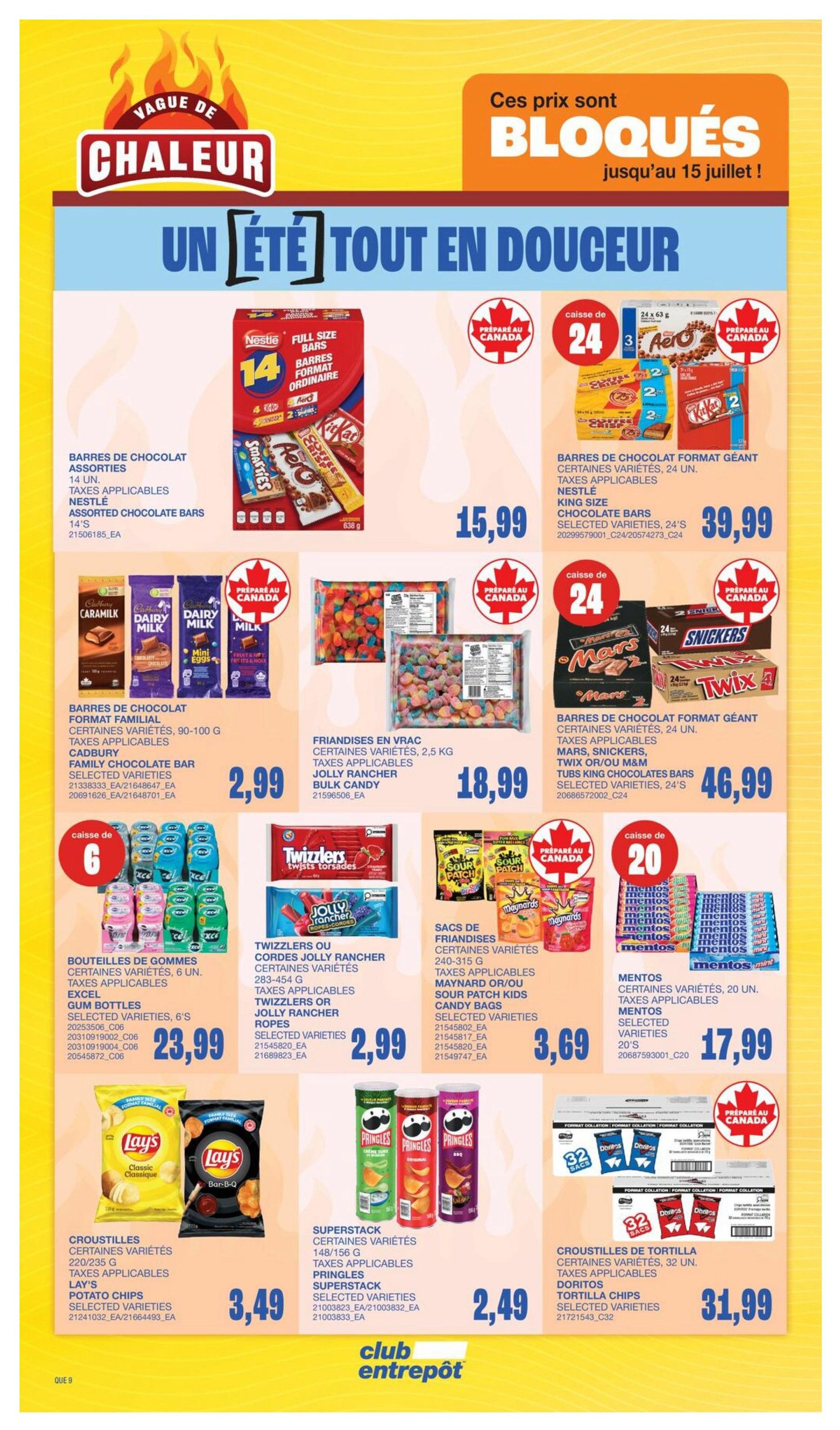Wholesale Club Quebec flyer page 16 features a 'Heat Wave' promotion with 'Summer All Sweet' theme. Offers include Nestlé 14-pack assorted chocolate bars for $15.99, and giant format chocolate bars including Aero, Kit Kat, Coffee Crisp, Mars, Snickers, and Twix for $39.99 and $46.99 respectively. Also available are bulk assorted sour candy bags for $18.99, Cadbury family chocolate bars for $2.99, Excel gum bottles (6 units) for $23.99, Twizzlers or Jolly Rancher ropes for $2.99, Maynard's or Sour Patch Kids candy bags for $3.69, Mentos mints (20 units) for $17.99, Lay's potato chips for $3.49, Pringles superstack for $2.49, and Doritos tortilla chips (32 bags) for $31.99. Prices are valid until July 15th.