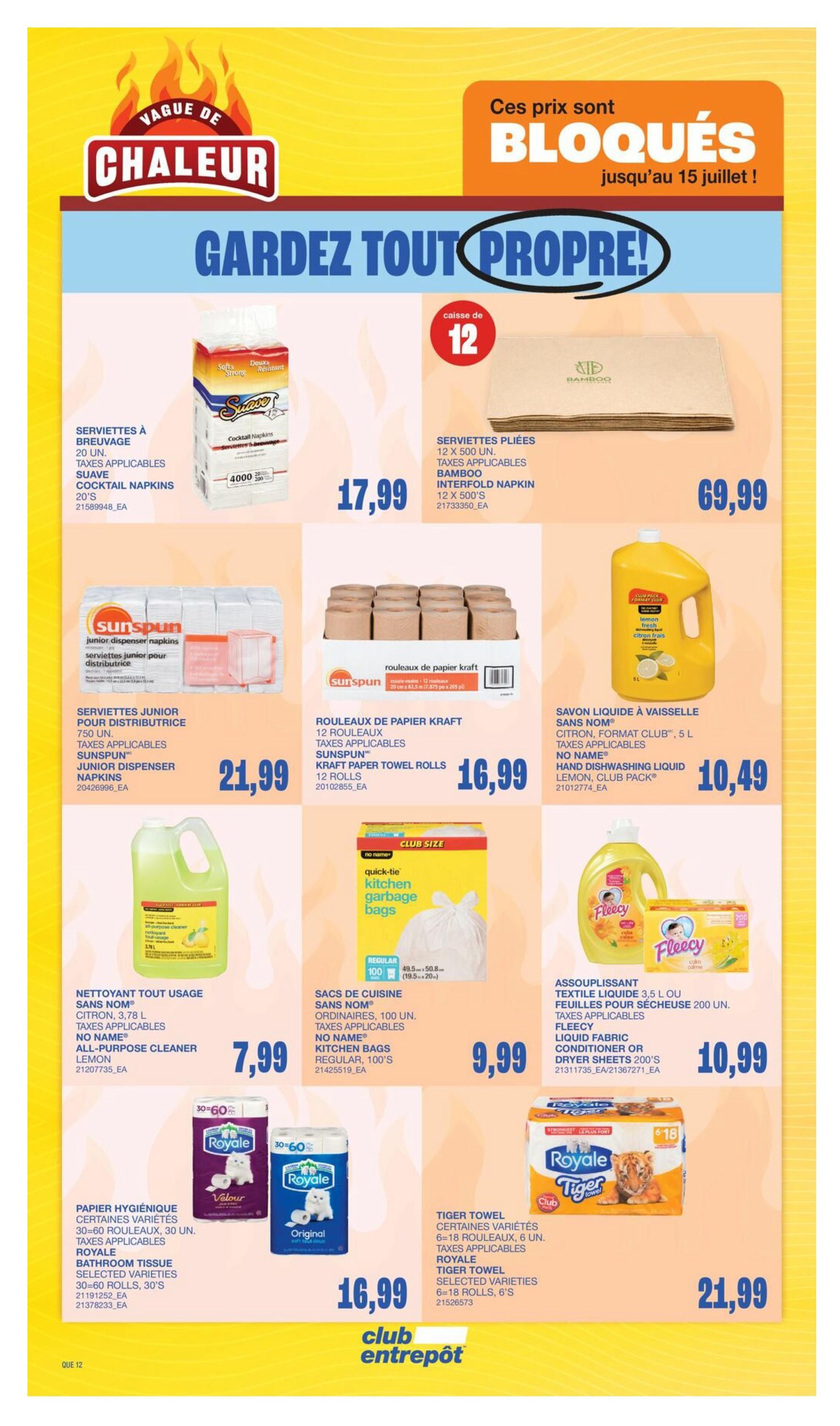 Wholesale Club flyer page 19 features a 'Heat Wave' sale with locked-in prices until July 15th. Products include Suave cocktail napkins (4000 count) for $17.99, and a 12-pack of bamboo interfold napkins for $69.99. Sunspun junior dispenser napkins (750 count) are $21.99, and Sunspun kraft paper towel rolls (12 rolls) are $16.99. No Name lemon all-purpose cleaner (3.78 L) is $7.99. No Name kitchen garbage bags (100 count) are $9.99. No Name lemon dishwashing liquid (5 L) is $10.49. Fleecy liquid fabric conditioner or dryer sheets (200 count) are also $10.49. Royale bathroom tissue (30-60 rolls) is $16.99, and Royale Tiger Towel selected varieties (6 x 18 rolls) are $21.99.