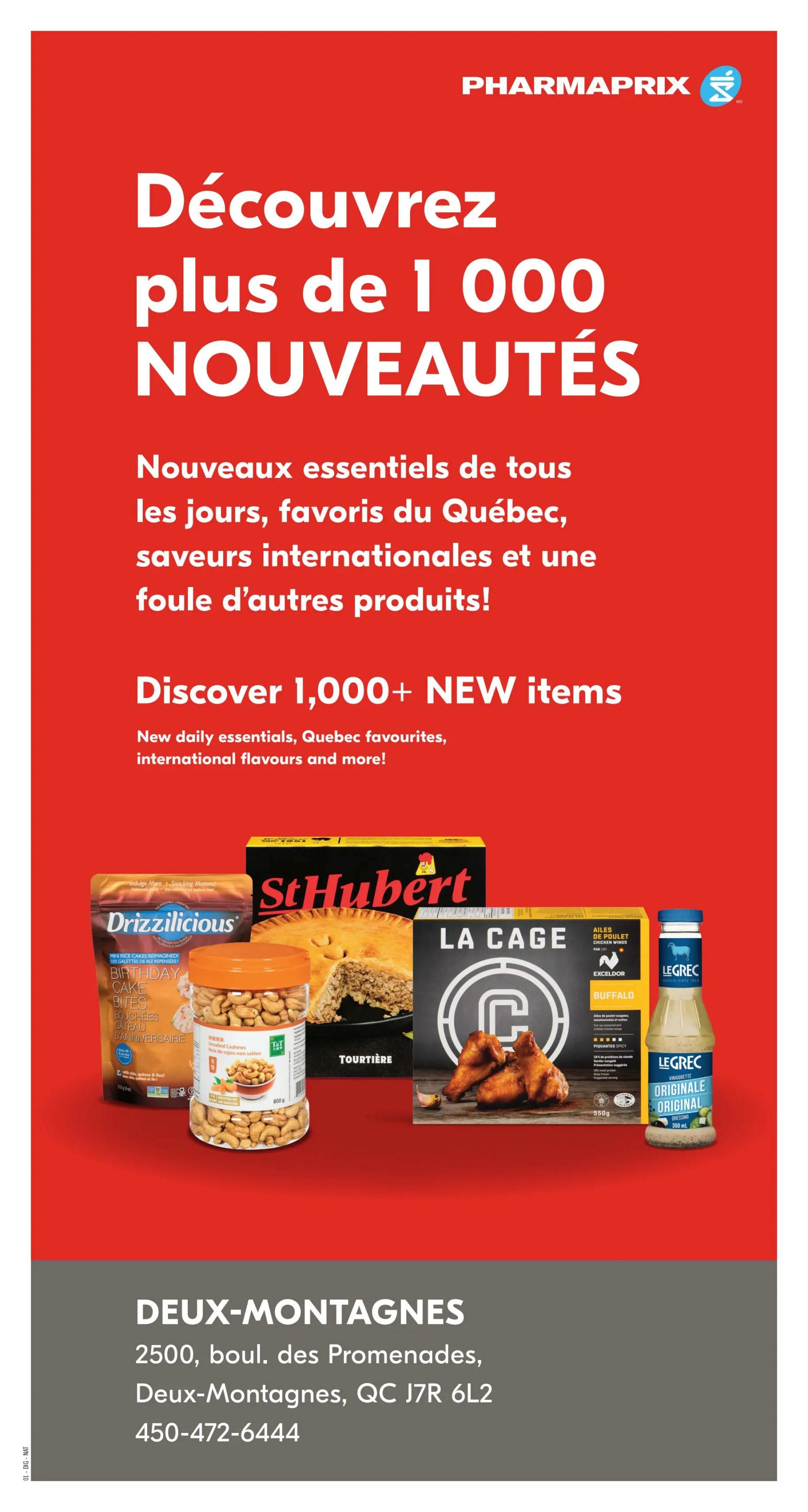 Pharmaprix weekly flyer specials page 2 features a 2-day sale. Offers include PC Natural Spring Water (24 x 500 mL) for 2/$5, Gadoua White or Whole Wheat Bread (675 g) with a $1 discount, P'tit Québec Cheese Brick (400 g) for $6.99, Janes Style Pub Chicken Nuggets, Strips or Burgers (700 g) for $7.99, and Royale Original 2-ply or Velour 3-ply facial tissue for $5.99. Also featured are Crest Complete Whitening toothpaste (50 mL) or Colgate Protection Anticavity toothpaste (95 mL) and Life Brand Manual Toothbrushes for $1.29.