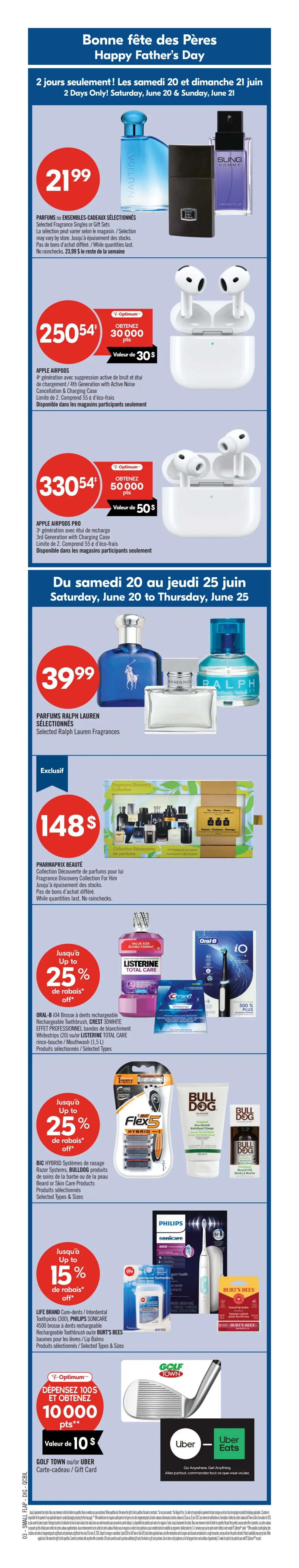 Pharmaprix weekly flyer page 5 featuring a 2-day sale with items like salted butter for $3.49, unsalted butter for $4.99, and bacon for $3.99. Also available are Peek Freans cookies or Christie cookies for 2/$5, Tostitos or Ruffles chips for 2/$7.50, and Coca-Cola or 7UP beverages for $3.99. Other deals include Apple Airpods Pro for $250.54 or 30,000 Optimum points, and Glucerna nutritional shakes for $11.99. The flyer also highlights Seniors' Day on Thursday, June 25, with 20% off storewide for seniors. Additional product promotions include Life Brand vitamins for $24.49, Cerave or Aquaphor products with 20% off, Bioderma or N°7 products with 20% off, and Neutrogena facial moisturizers with 25% off. Also featured are Tena protective underwear for $13.49, Maybelline New York mascara for $10.99, and Vichy anti-aging products with 25% off. Pantene or L'Oréal hair care products are on sale for $6.99, and Maxwell House coffee is $15.99. Pampers diapers are $26.99 with a $10 value in points. Göt2b hair styling products are $7.99, and L'Oréal hair colour is $13.99. Tylenol regular strength caplets are $4.49, Tampax tampons are $8.99, and Bounty paper towels are 3-6 rolls for $6.99. Finally, Advil pain relievers are $17.99, and Gravol motion sickness products are $8.99.