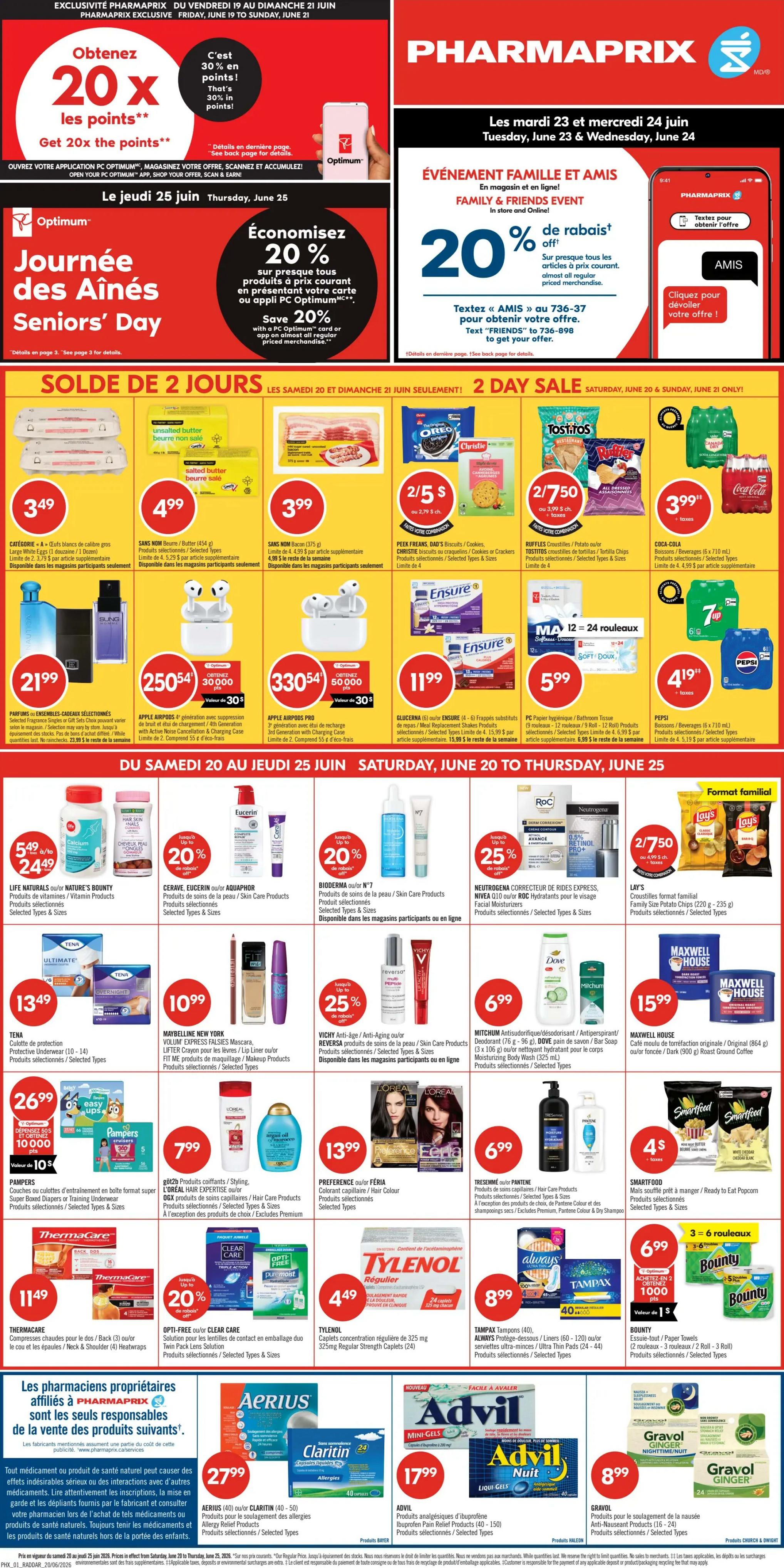 Pharmaprix flyer page 1 features 'Discover over 1,000 NEW items', including new daily essentials, Quebec favourites, and international flavours. Pictured are Drizzilicious Birthday Cake Bites, St Hubert Tourtière, La Cage Buffalo Chicken Wings, and Le Grecs Original Vinaigrette. The store location is Pharmaprix in Deux-Montagnes at 2500, boul. des Promenades, QC J7R 6L2, with phone number 450-472-6444.