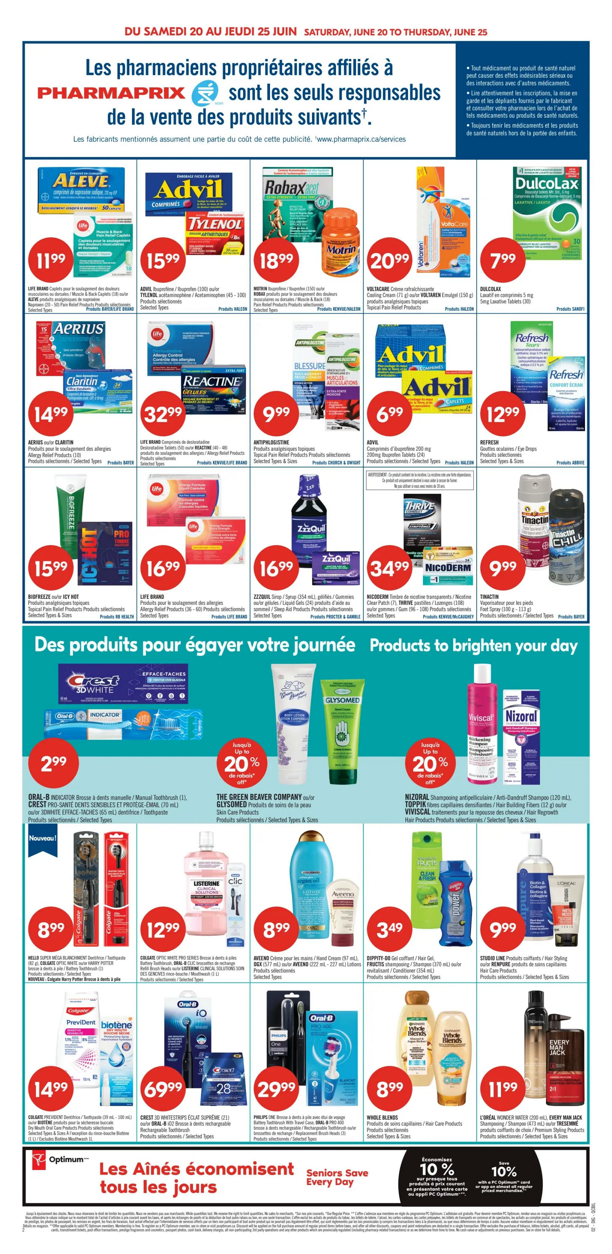 Pharmaprix weekly flyer specials page 8, featuring pain relief and allergy medications. Top row includes ALEVE for muscle and back pain at $11.99, TYLENOL for arthritis pain at $15.99, ROBAXACET for muscle and joint pain at $18.99, MOTRIN for pain relief at $20.99, and DULCOLAX laxative tablets for $7.99. Second row features AERIUS allergy relief at $14.99, REACTINE allergy relief gel caps at $32.99, ANTIPHLOGISTINE for muscle and joint pain at $9.99, ADVIL caplets at $6.99, and REFRESH eye drops at $12.99. Third row includes BIOFREEZE for pain relief at $15.99, LIFE BRAND allergy relief products at $16.99, ZZZQuil syrup and liquid gels at $16.99, and NICODERM gum and patches at $34.99, and TINACTIN for athlete's foot at $9.99. The bottom section highlights 'Products to brighten your day' with ORAL-B INDICATOR toothbrushes and Crest toothpaste for $2.99, THE GREEN BEAVER COMPANY lotions with up to 20% off, and NIZORAL anti-dandruff shampoo with up to 20% off. Further down, COLGATE PRO SERIES toothbrushes for $12.99, AVEENO lotions for $8.99, DIPPITY-DO hair gel for $3.49, and STUDIO LINE hair styling products for $9.99. The bottom row shows COLGATE PREVIDENT toothpaste at $14.99, ORAL-B PRO 400 electric toothbrush with charger for $69.99, PHILIPS ONE toothbrushes for $29.99, WHOLE BLENDS hair care products for $8.99, and EVERY MAN JACK shampoo for $11.99. The flyer also promotes savings for seniors with 'Seniors Save Every Day' and offers 10% off select products with a PC Optimum card.