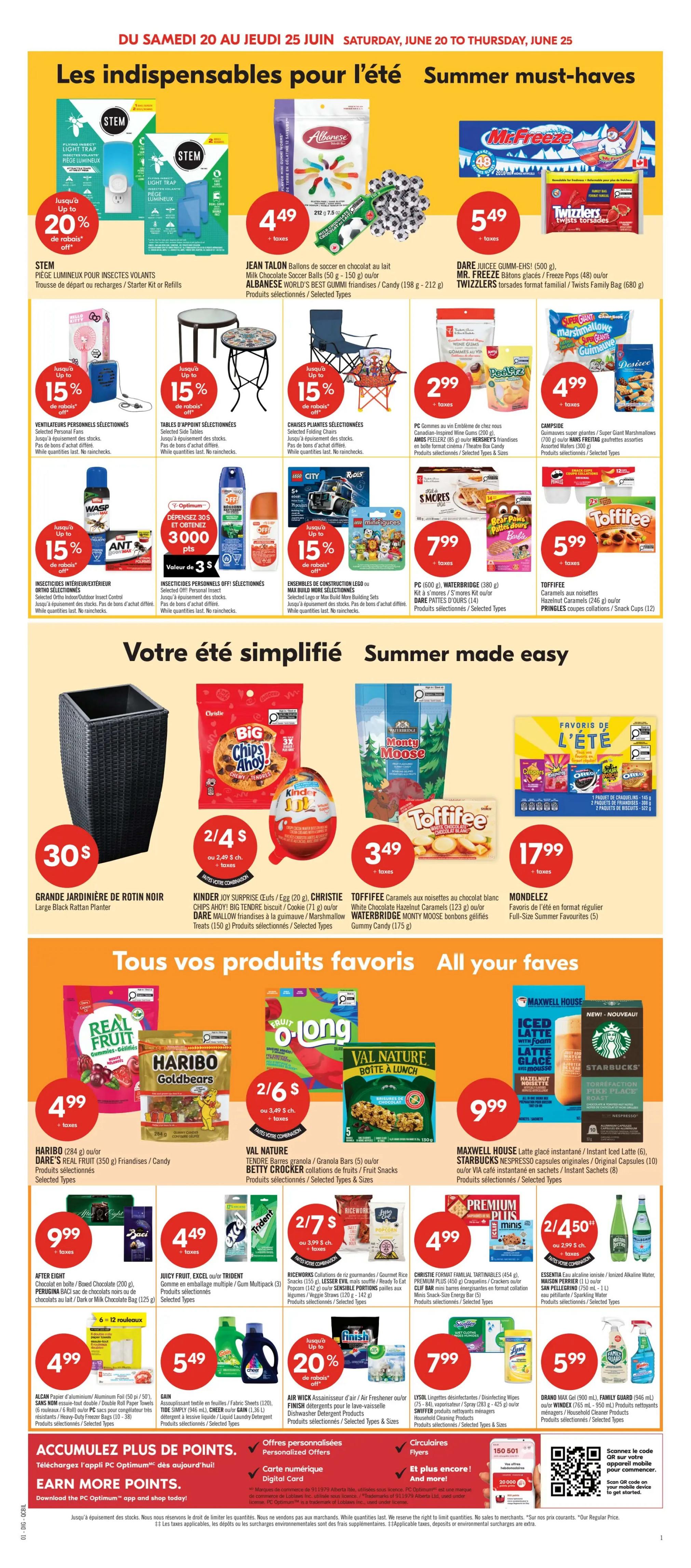 Pharmaprix weekly flyer specials, page 9, featuring summer must-haves. Deals include STEM insect traps up to 20% off, Jean Talon Milk Chocolate Soccer Balls for $4.49, Albanese World's Best Gummy Fruitables for $4.49, and Twizzlers Torsades for $5.49. Also featured are personal fans, side tables, and folding chairs at 15% off. Other items include WASP insecticide, ANT insecticide, LEGO building sets up to 15% off, PC Waterbridge snacks for $7.99, and Toffifee chocolates for $5.99. A large black rattan planter is $30. Special offers include Kinder Joy Surprise eggs, Christie Big Tendre cookies, and Waterbridge Monty Moose gummy candy at 2 for $4.50. Also, Toffifee caramels for $3.49. Mondalez summer favourites are $17.99. In the 'All your faves' section, Haribo Goldbears and Dare Real Fruit snacks are $4.99. Val Nature granola bars and Betty Crocker collations are 2 for $6. Maxwell House Iced Latte and Starbucks Nespresso capsules are $9.99. Riceworks noodles and Trident gum are 2 for $7. Christie format tartinfines and Essentia water are $4.99. Air Wick freshener is 20% off, and Lysol disinfectants are $7.99. Finally, Grand Max cleaner and Family Guard spray are $5.99. The flyer also promotes earning PC Optimum points and offers personalized digital cards and circular flyers.