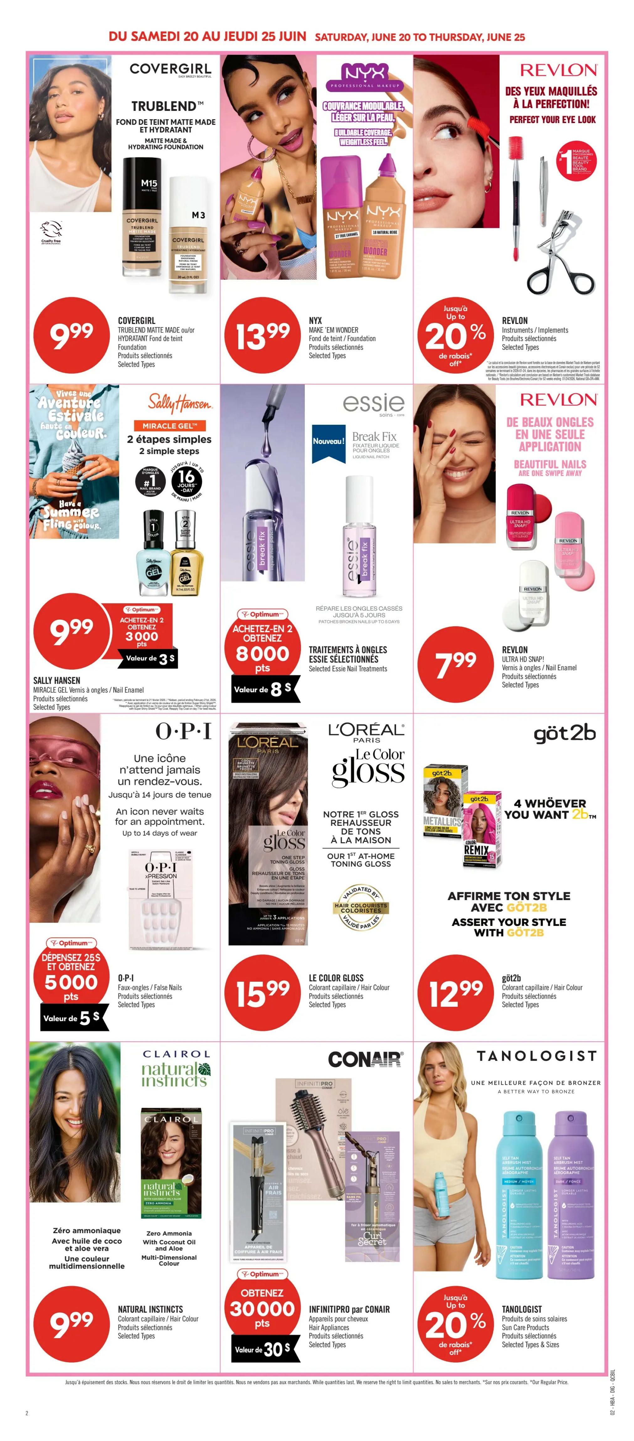 Pharmaprix weekly flyer specials page 16, featuring beauty and hair care products. Top row includes Covergirl Trublend Matte Made foundation for $9.99, NYX Make 'Em Wonder foundation for $13.99, and Revlon eye makeup tools and instruments with up to 20% off. Middle row showcases Sally Hansen Miracle Gel nail polish for $9.99 with 3000 Optimum points when you buy 2, Essie Break Fix nail treatments, and Revlon Ultra HD Snap nail enamel for $7.99. Bottom row features O.P.I. False Nails with a Spend $25 get 5000 Optimum points offer, L'Oréal Le Color Gloss hair colour for $15.99, and Göt2b hair colour products for $12.99. The page also highlights Clairol Natural Instincts hair colour for $9.99, Conair InfinitiPro hair appliances, and Tanologist sun care products with up to 20% off.
