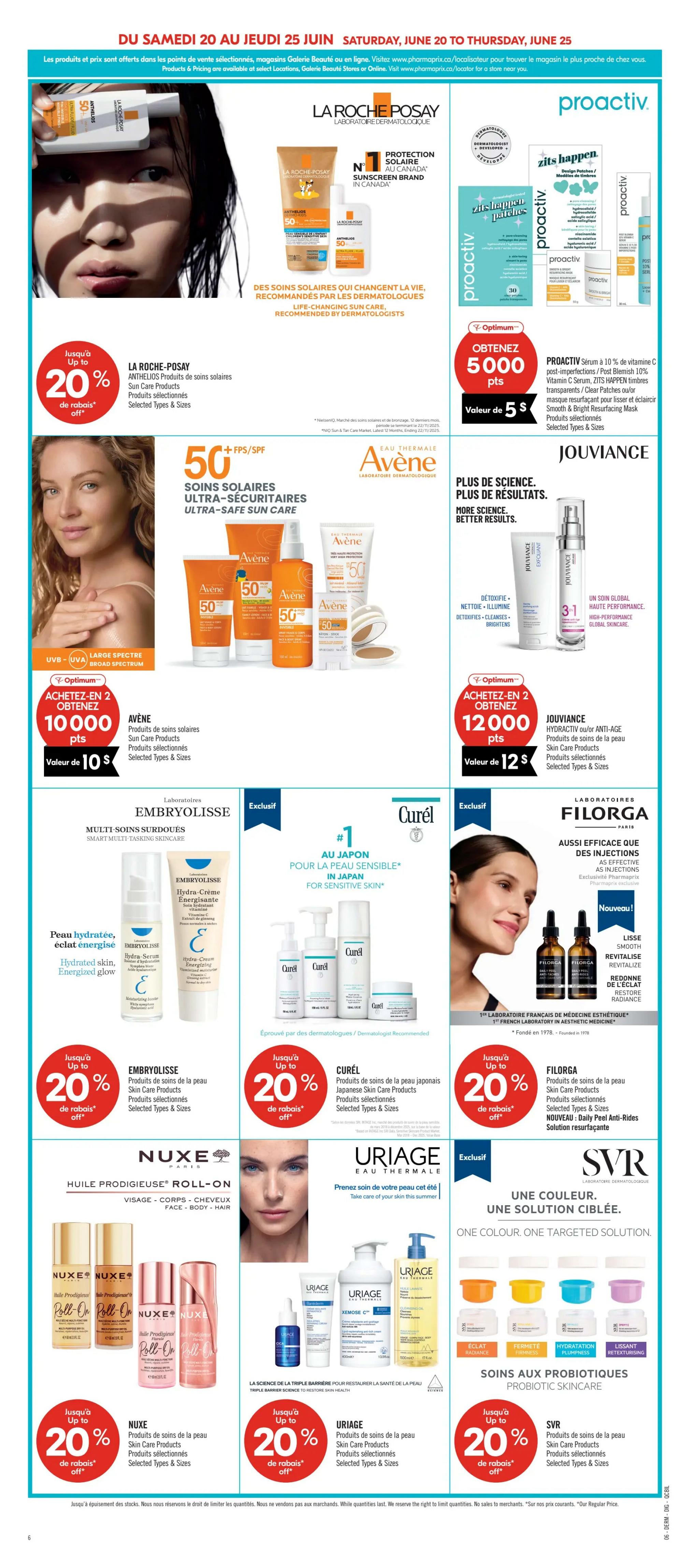 Pharmaprix weekly flyer specials page 17, featuring a variety of skincare products. Offers include La Roche-Posay Anthelios sun care products with up to 20% off. Avène ultra-safe sun care products are available with a 'Buy 2, Get 10,000 Optimum points' offer, valued at $10. Proactiv serum with 10% Vitamin C and Post-Blemish 10% Vitamin C serum is available with a 'Buy 2, Get 5,000 Optimum points' offer, valued at $5. Embryolisse multi-tasking skincare, Curél Japanese skin care products for sensitive skin, and Filorga skin care products, including the new Daily Peel Anti-Rides, are all featured with up to 20% off. Nuxe Huile Prodigieuse Roll-On for face, body, and hair is also on sale with up to 20% off. Uriage skin care products, including their triple barrier science for skin health, are available with up to 20% off. SVR probiotic skincare is also featured. The flyer is valid from Saturday, June 20 to Thursday, June 25.