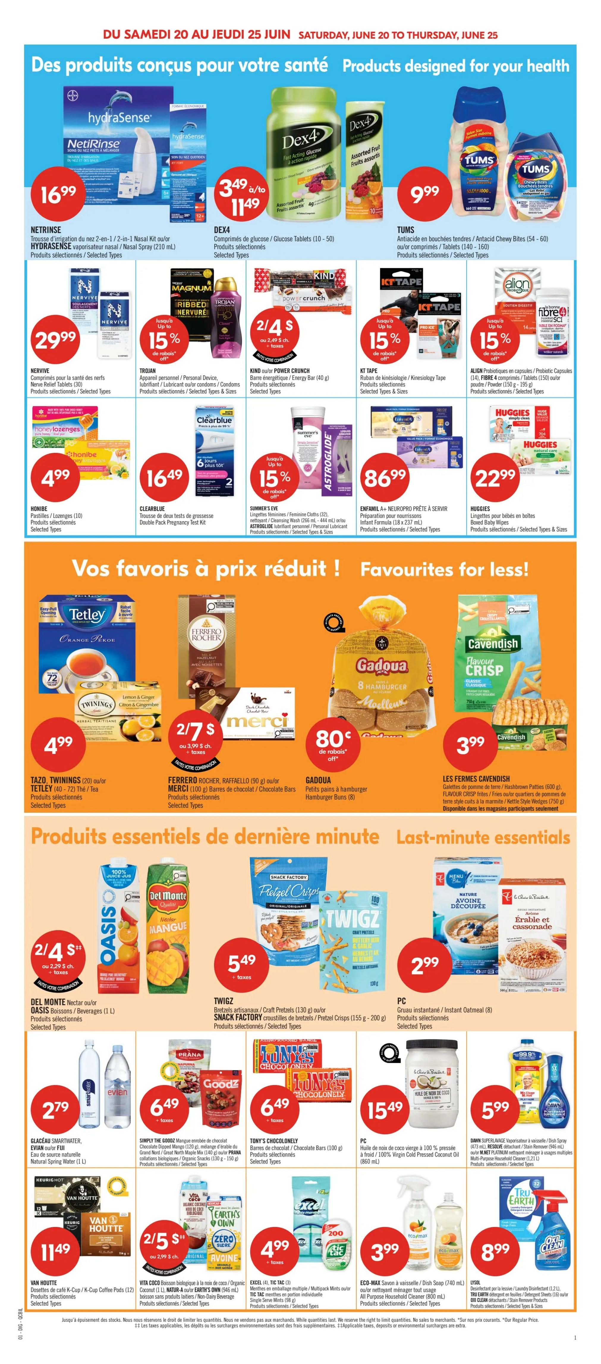 Pharmaprix weekly flyer specials page 21, featuring products designed for your health. Offers include Hydrasense NetiRinse at $16.99, Dex4 Glucose/Glucose Tablets (10-50) starting at $3.49 up to $11.49, and Tums Antacid Chewy Bites (54-60) for $9.99. Also available are Nervive Nerve Relief Tablets (30) for $29.99, Trojan Personal Lubricant/Condoms with 15% off, Kind or Power Crunch Energy Bars (40 g) for 2/$4, KT Tape with 15% off, and Align Probiotics/Fibre Capsules for 15% off. Other health and wellness items include Honibe Honey Lozenges (10) for $4.99, Clearblue Pregnancy Tests, Summer's Eve Feminine Cleansers and Astroglide Lubricant, and Enfamil A+ NeuroPro Powder for $86.99. Huggies Diaper Wipes are on sale for $22.99. The flyer also highlights 'Favourites for less' with Tazo, Twinings Tea for $4.99, Ferrero Rocher or Raffaello Chocolates for 2/$7, Gadoua Hamburger Buns for $0.80 off, and Cavendish Flavour Crisp Fries for $3.99. Last-minute essentials include Oasis Juice (1 L) for 2/$4, Twigz Pretzels or Snack Factory Crisps for $5.49, and PC Instant Oatmeal for $2.99. Additional items on sale are Glacéau Smartwater or Evian Natural Spring Water (1 L) for $2.79, Simply Goodz Granola Bars or Prana Snacks for $6.49, Tony's Chocolonely Bars for $6.49, PC 100% Virgin Cold Pressed Coconut Oil for $15.49, and Dawn Dish Spray or Resolve Laundry Detergent for $5.99. Vita Coco Coconut Water, Earth's Own Plant-Based Beverage, and Excel Multi/Tic Tac Mints are available for 2/$5 or $4.99. Eco-Max Dish Soap is $3.99, and Lysol Disinfectant or Tru Earth Laundry Detergent is $8.99. All offers are valid from Saturday, June 20 to Thursday, June 25, while supplies last.