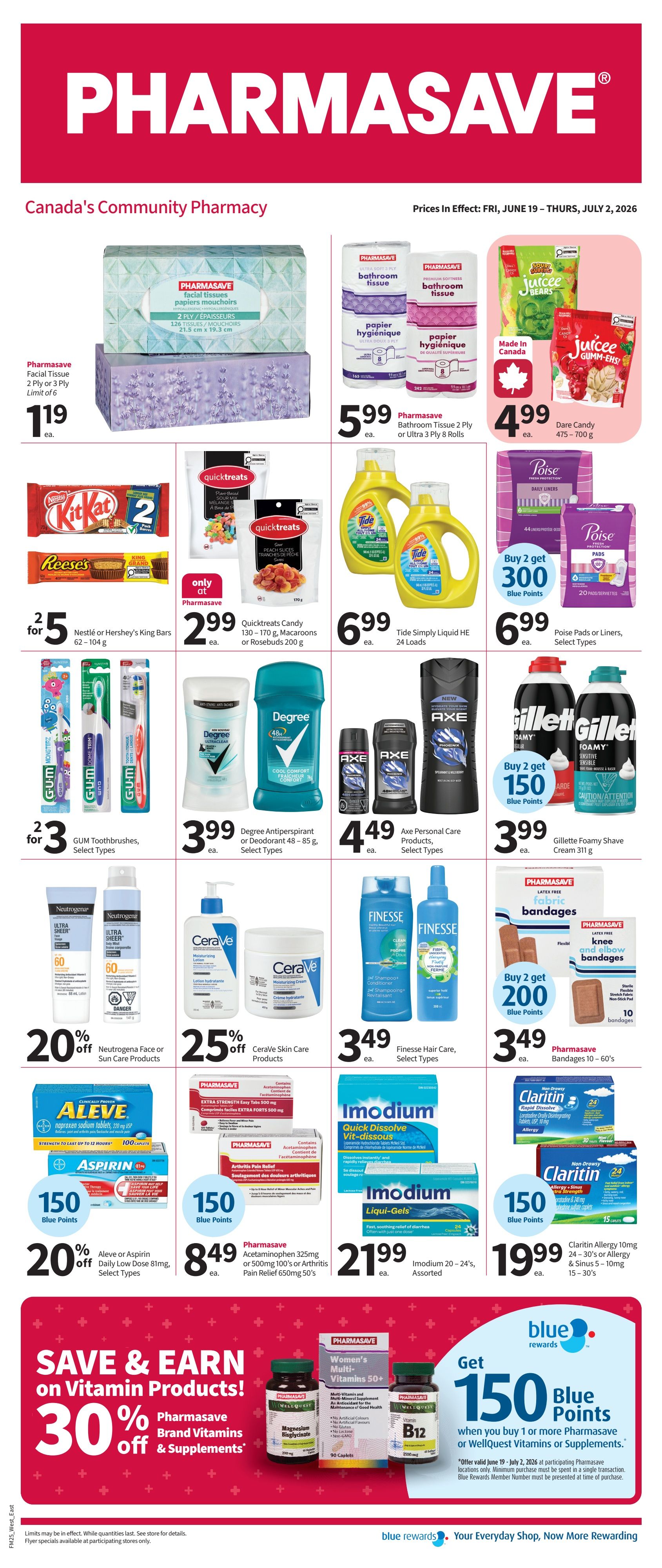 Pharmasave flyer for Canada's Community Pharmacy, valid from June 19 to July 2, 2026. Featured products include Pharmasave Facial Tissue for $1.19, Pharmasave Bathroom Tissue 2 Ply or Ultra 3 Ply 8 Rolls for $5.99, and Dare Candy 475-700g for $4.99. Also on sale are Nestlé or Hershey's King Bars 2 for $5, Quicktreats Candy 130-170g, Macaroons or Rosebuds 200g for $2.99, and Tide Simply Liquid HE 24 Loads for $6.99. GUM Toothbrushes are 3 for $3. Degree Antiperspirant or Deodorant 48-85g is $3.99, and Axe Personal Care Products are $4.49. Finesse Hair Care products are $3.49. Neutrogena Face or Sun Care Products are 20% off. CeraVe Skin Care Products are 25% off. Pharmasave Bandages 10-60's are $3.49. Aleve or Aspirin Daily Low Dose 81mg, Select Types are 150 Blue Points. Pharmasave Acetaminophen 325mg or 500mg 100's or Pain Relief 650mg 50's are $8.49. Imodium Liqui-Gels 20-24's, Assorted are $21.99. Claritin Allergy 10mg 24-30's or Allergy & Sinus 5-10mg 15-30's are $19.99. Save and Earn on Vitamin Products: 30% off Pharmasave Brand Vitamins & Supplements. Get 150 Blue Points when you buy 1 or more Pharmasave or WellQuest Vitamins or Supplements.