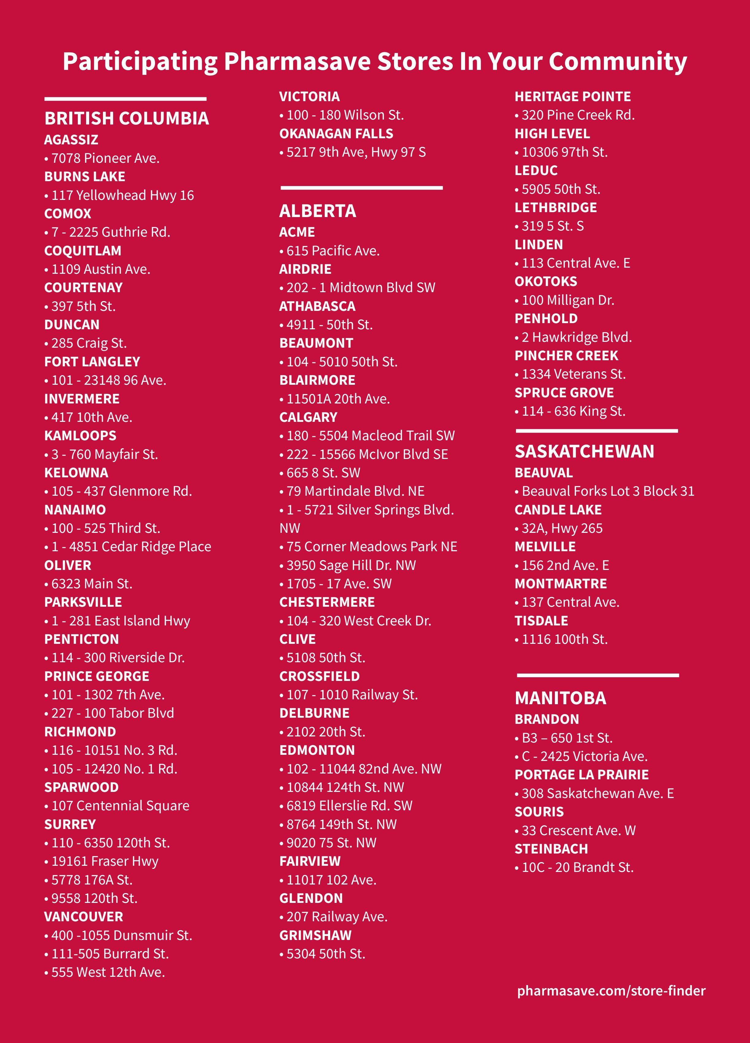 Participating Pharmasave Stores In Your Community list for British Columbia, Alberta, Saskatchewan, and Manitoba. Includes store locations in Agassiz, Burns Lake, Comox, Coquitlam, Courtenay, Duncan, Fort Langley, Invermere, Kamloops, Kelowna, Nanaimo, Oliver, Parksville, Penticton, Prince George, Richmond, Sparwood, Surrey, Vancouver, Victoria, Okanagan Falls, Acme, Airdrie, Athabasca, Beaumont, Blairmore, Calgary, Chestermere, Clive, Crossfield, Delburne, Edmonton, Fairview, Glendon, Grimshaw, Heritage Pointe, High Level, Leduc, Lethbridge, Linden, Okotoks, Penhold, Pincher Creek, Spruce Grove, Beauval, Candle Lake, Melville, Montmartre, Tisdale, Brandon, Portage la Prairie, Souris, and Steinbach. Also includes the website pharmasave.com/store-finder.